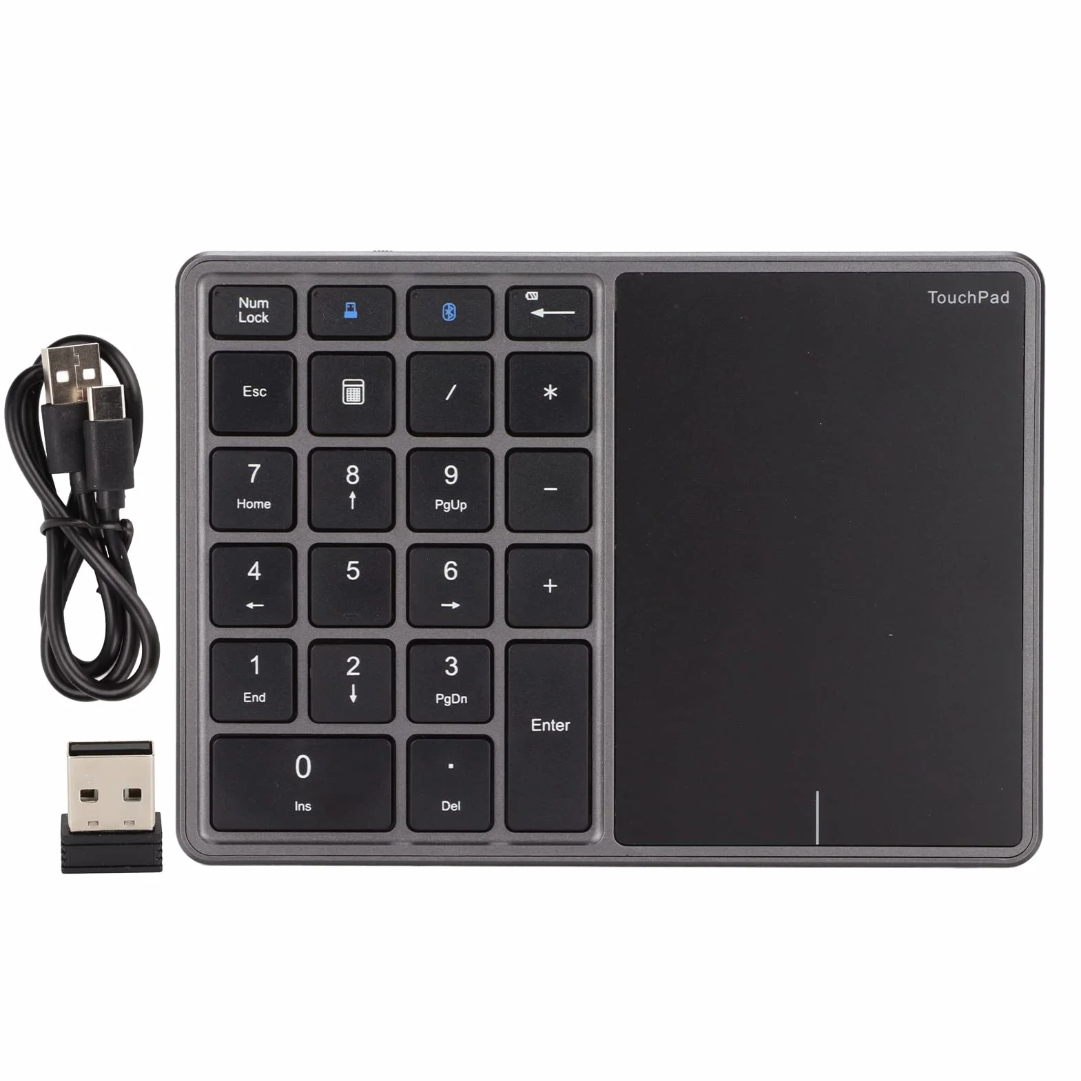 Zunate Teclado Numérico con Panel Táctil, Bluetooth E Inalámbrico 2.4G, 22 Teclas 500mAh Type-C Teclado Numérico Recargable Trackpad, para Win, para iOS, para Android, para OS X(Gris Hierro)
