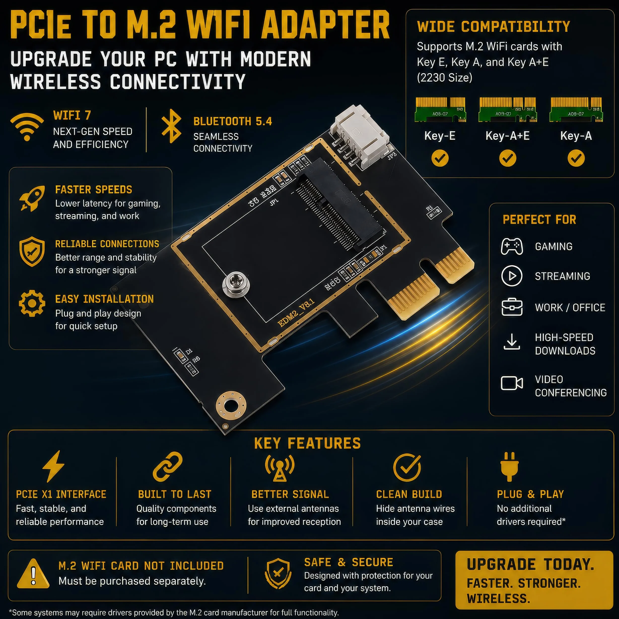M.2 NGFF Wireless Card to PCI-e 1X Adapter M.2 Bluetooth-Compatible Network Card to WiFi WLAN Converter Desktop for 8260 (Laptop to Desktop)