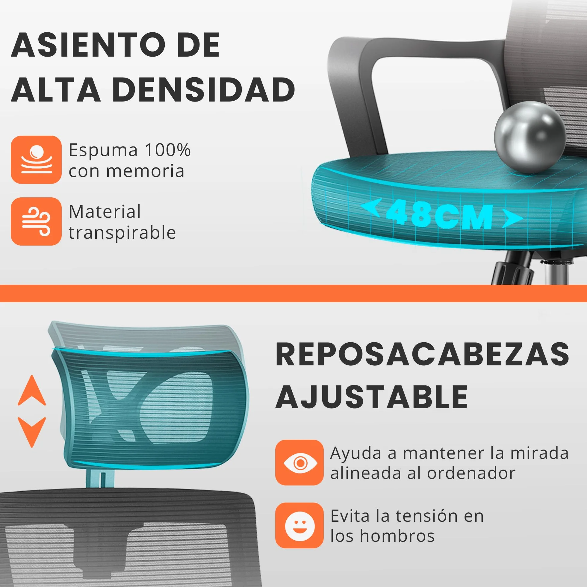 Silla Escritorio Ergonomica Ajustable Reclinable con Soporte Lumbar, Malla Transpirable, 120kg (Negro)