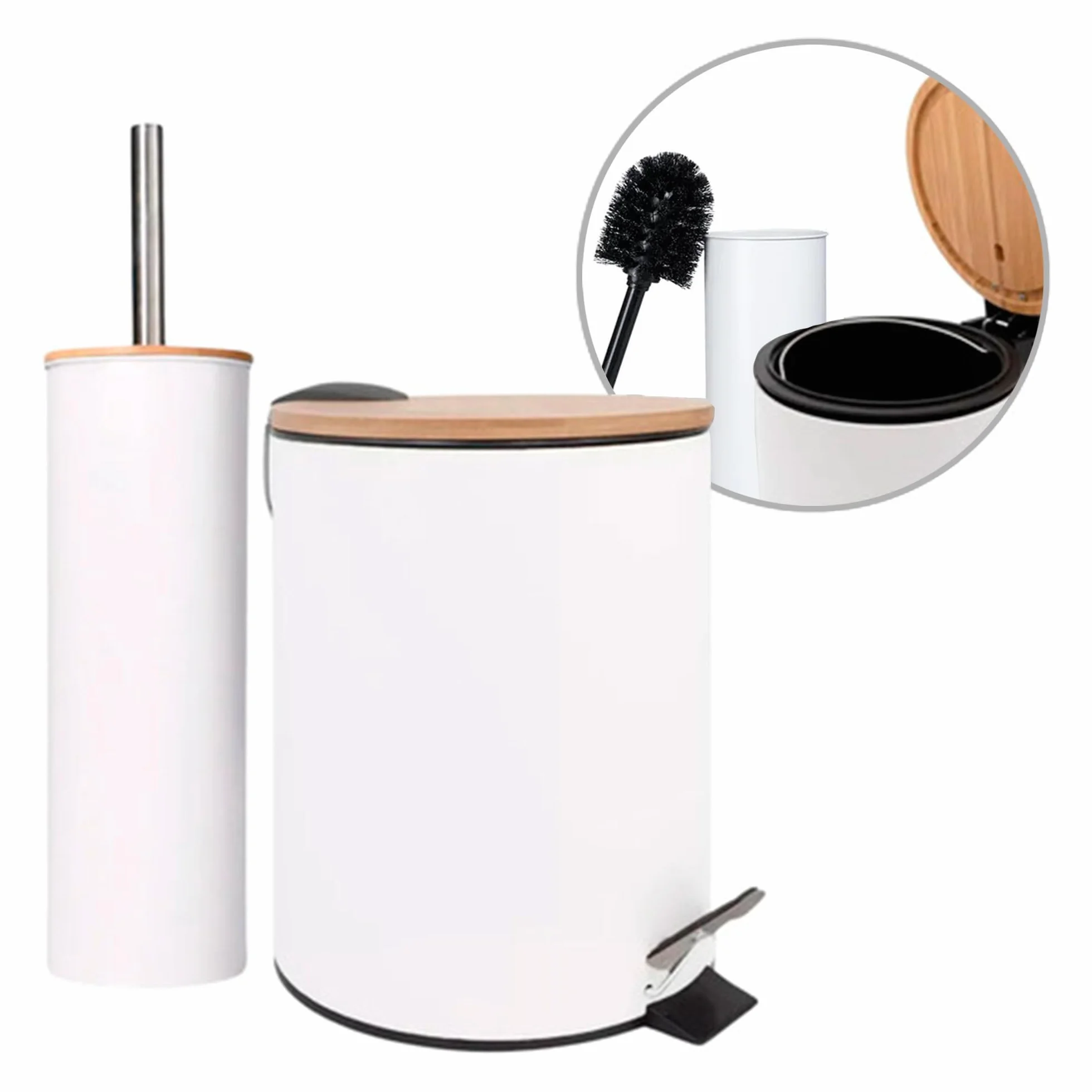 Amig - Pack de Papelera y Escobillero Naturline - Ø168 x 230 mm - Acero y Bambú - Color Blanco - Juego de Baño Compacto y Coordinado - Ideal para Espacios Modernos y Naturales