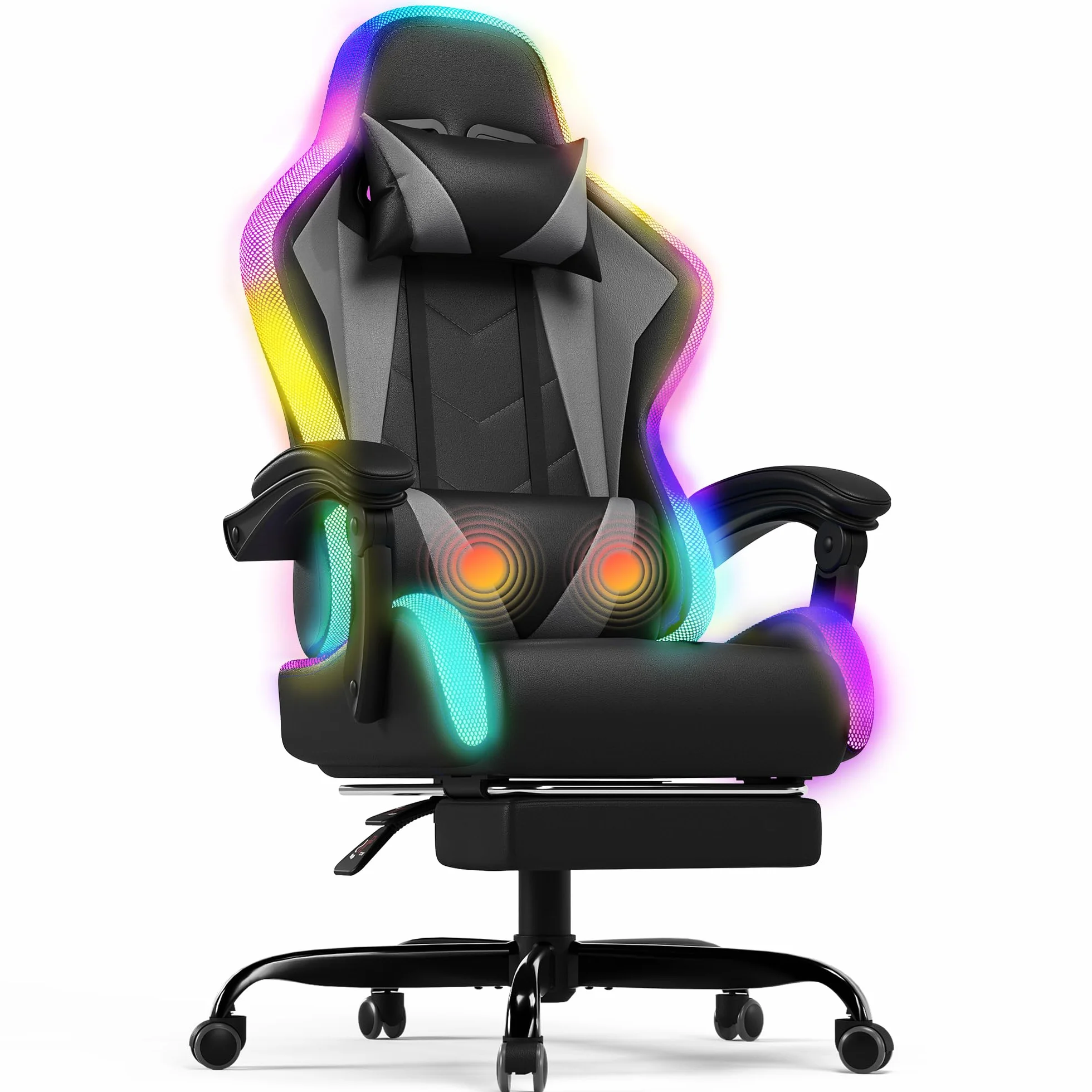 Devoko Silla Gaming con Masajeador y LED Ergonómica Oficina Reposapiés Iluminación RGB (Gray)