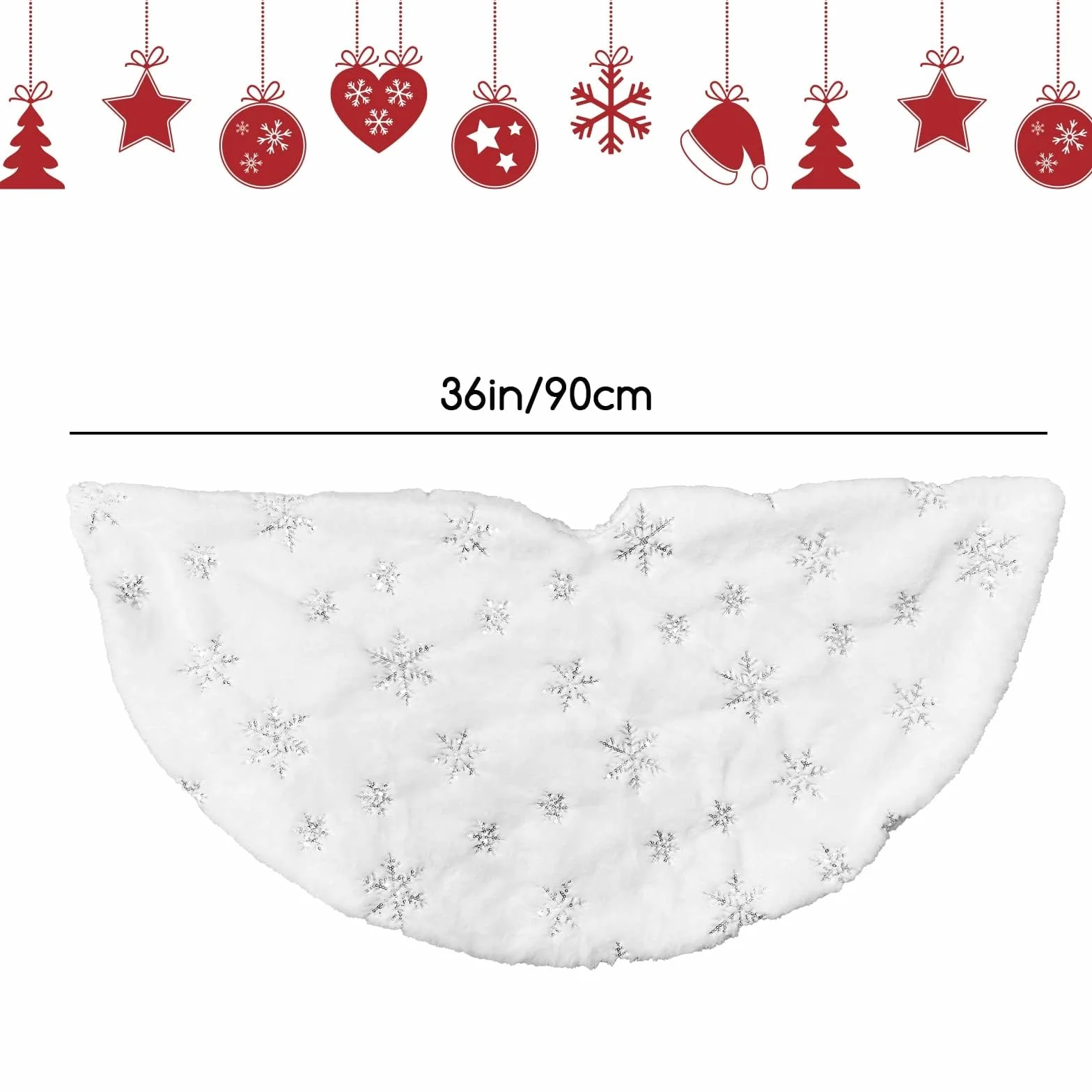 Jsdoin Falda Árbol Navidad 90cm Doble Capa Felpa Blanco Estampado Copo Nieve Plateado Decoración
