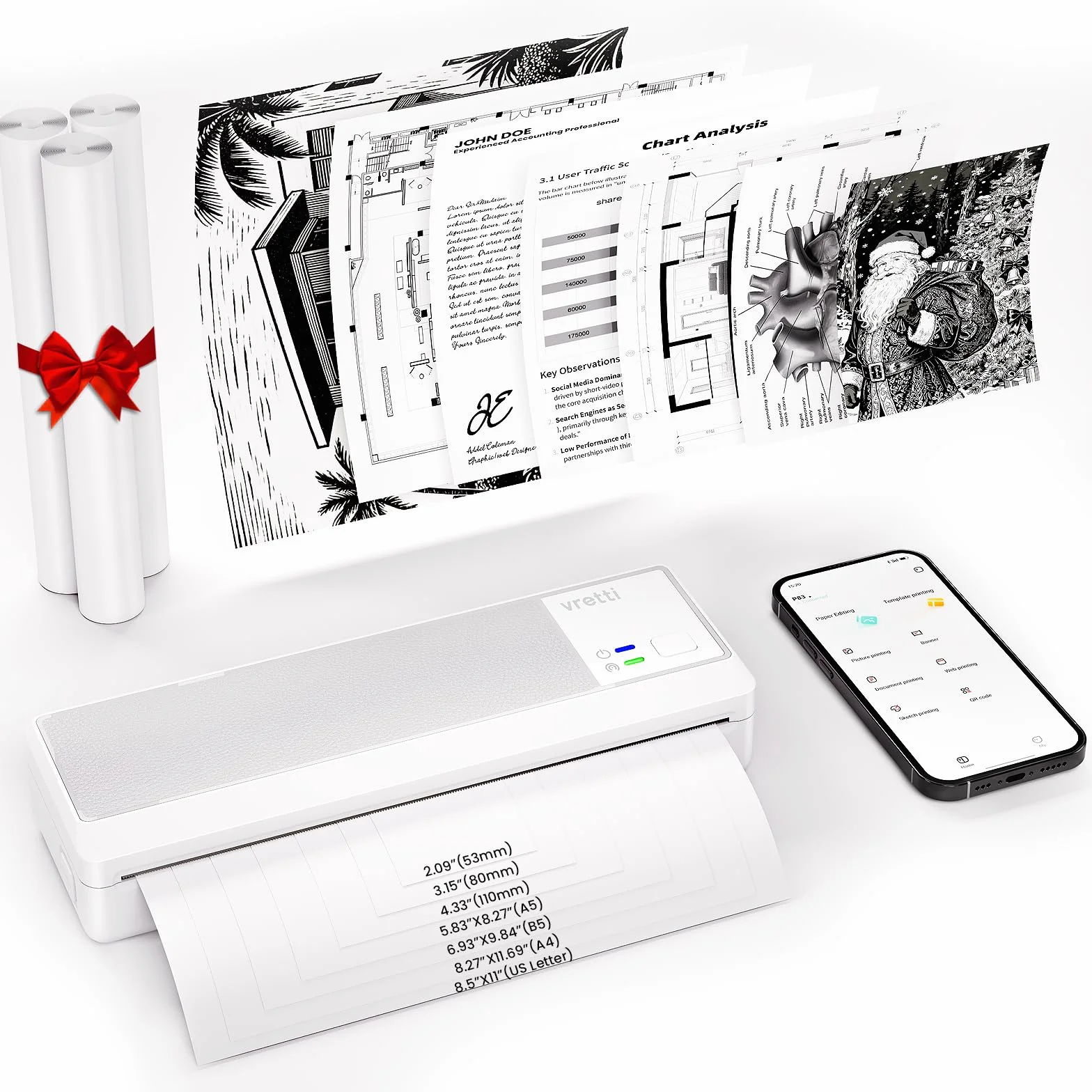 vretti P83 Impresora móvil A4 para Viajes, Impresora térmica A4 Compatible con Android e iOS, Compatible con Papel térmico A4 de 210 x 297 mm para el hogar, Oficina, Foto