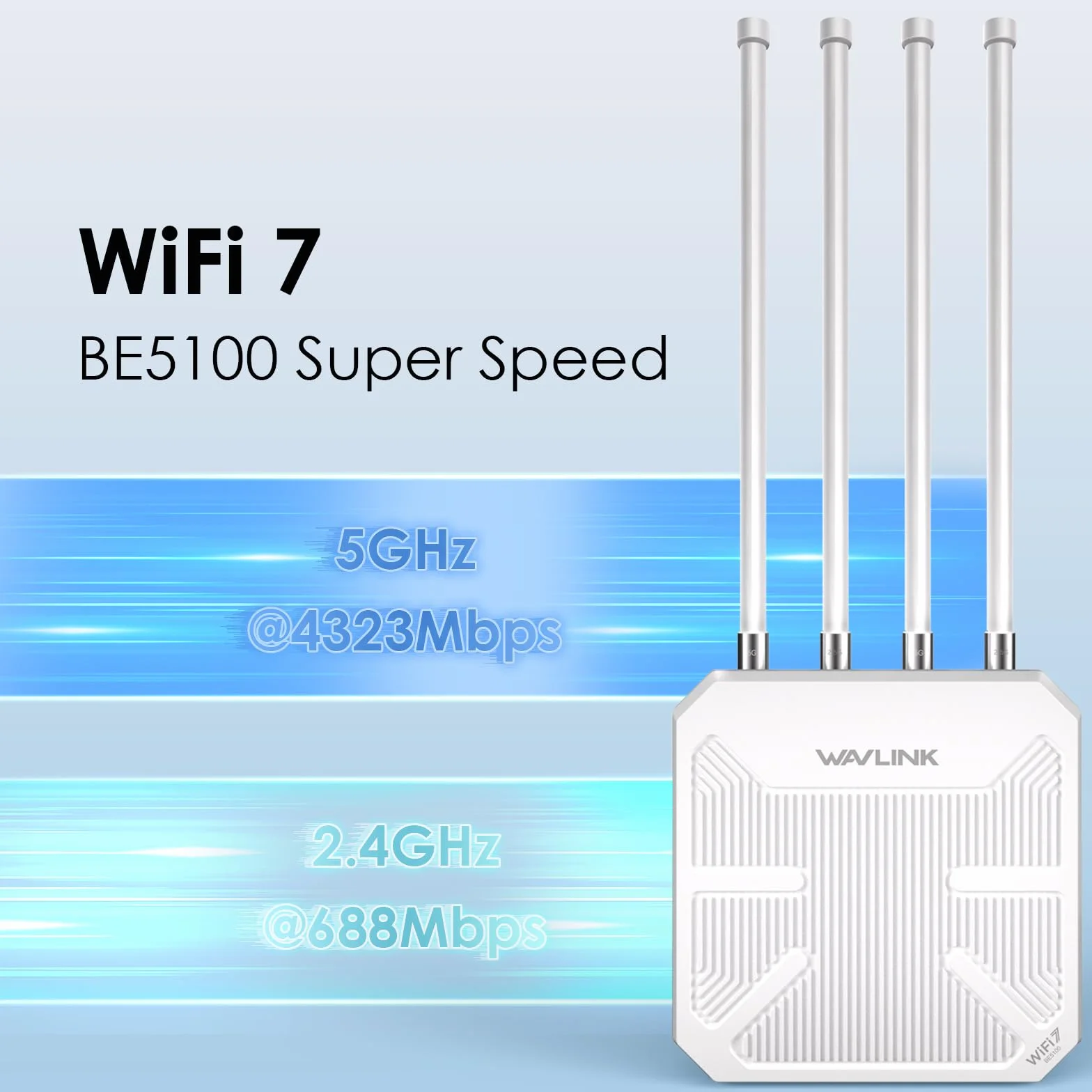 Router WiFi 7 WAVLINK Exterior BE5100 Mesh, Repetidor, Punto de Acceso, IP67 Impermeable, Protección Antirrayos 4KV, PoE Activo/Pasivo, Antenas 8dBi, Largo Alcance para Zonas Rurales y Empresas