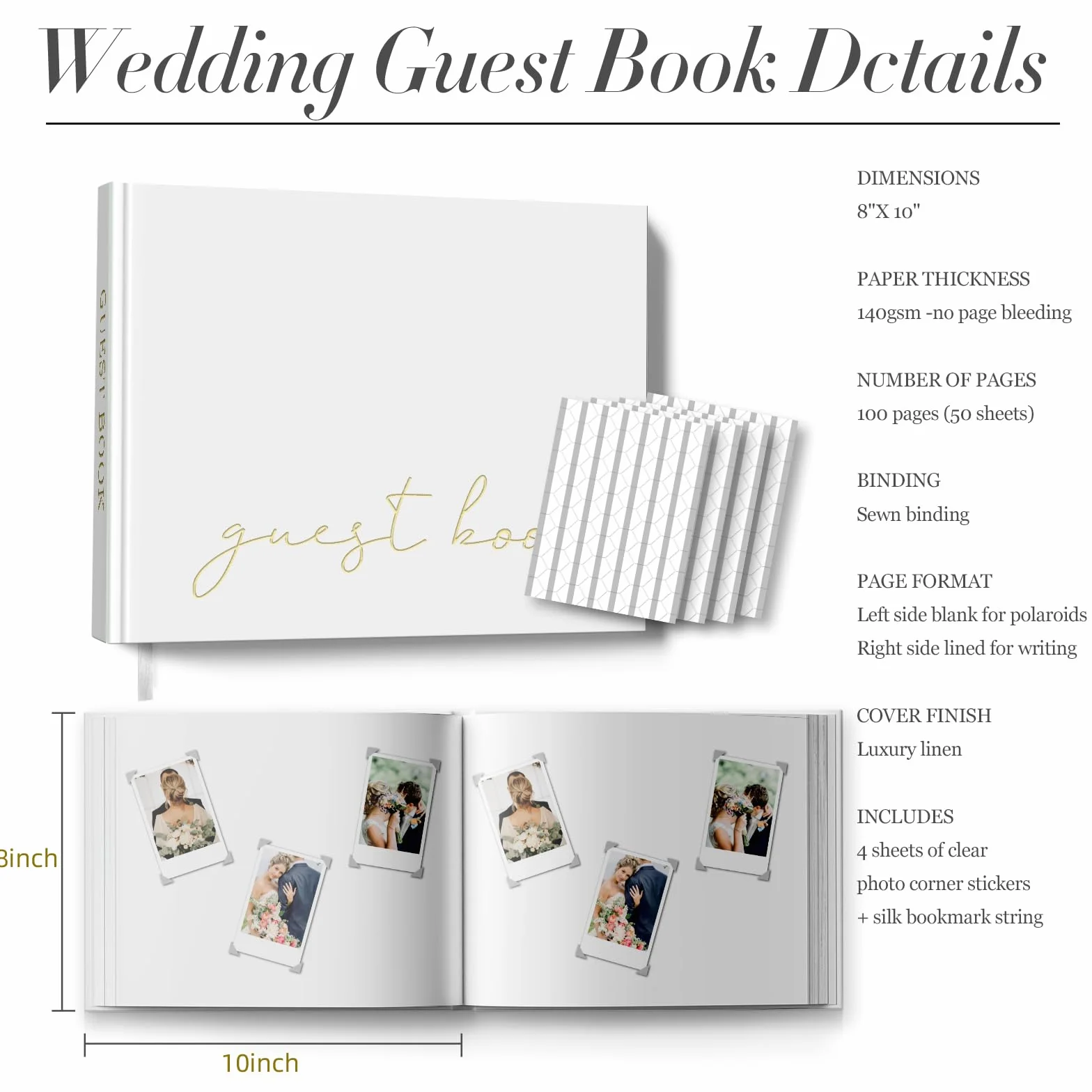 Libro de invitados de boda con calcomanías transparentes, lino, 100 páginas, firmar despedidas de soltera