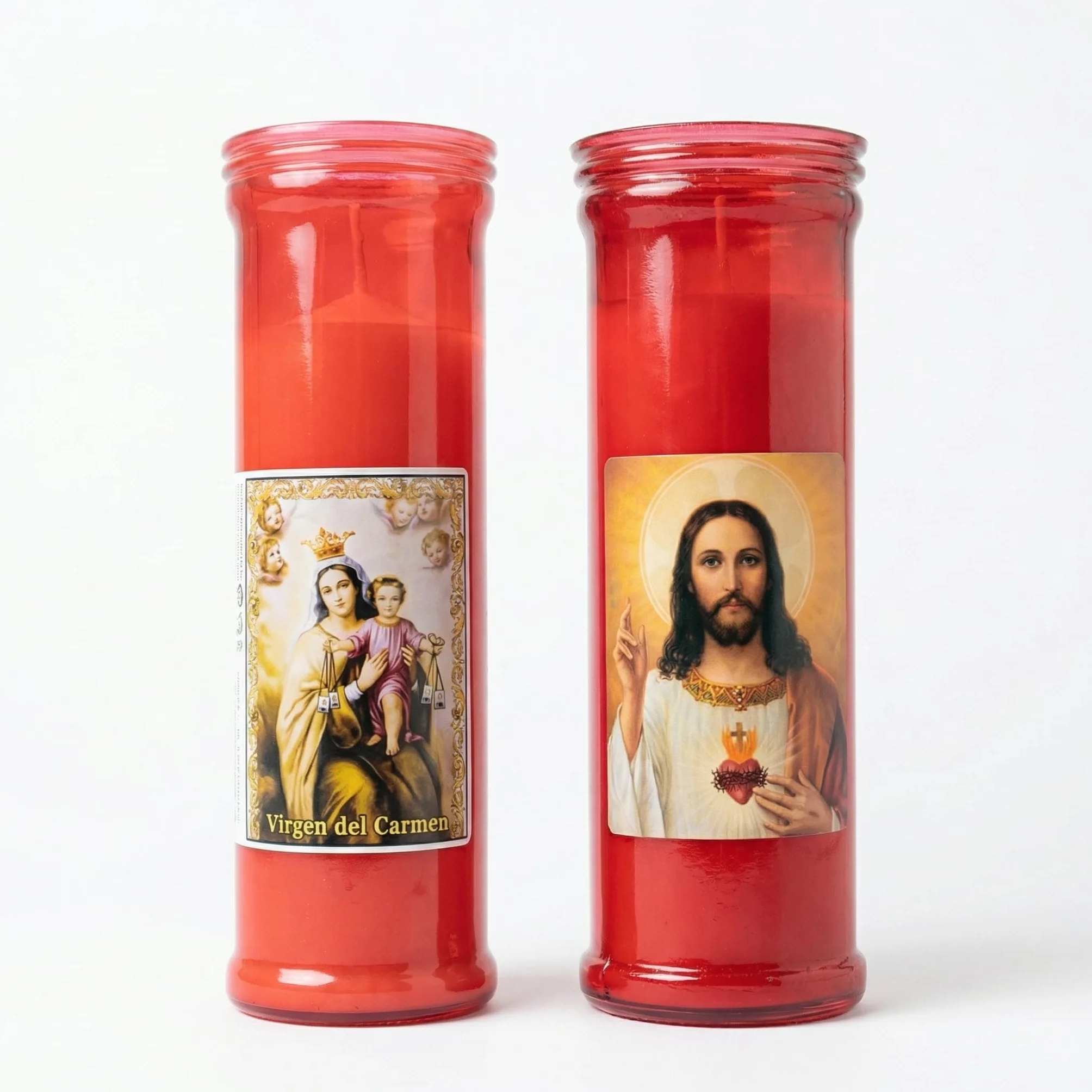 Velas Religiosas Roja Sagrado Corazón de Jesús Virgen del Carmen Velón Vaso Plástico Resistente Calor Altar Iglesia Sin Fragancia