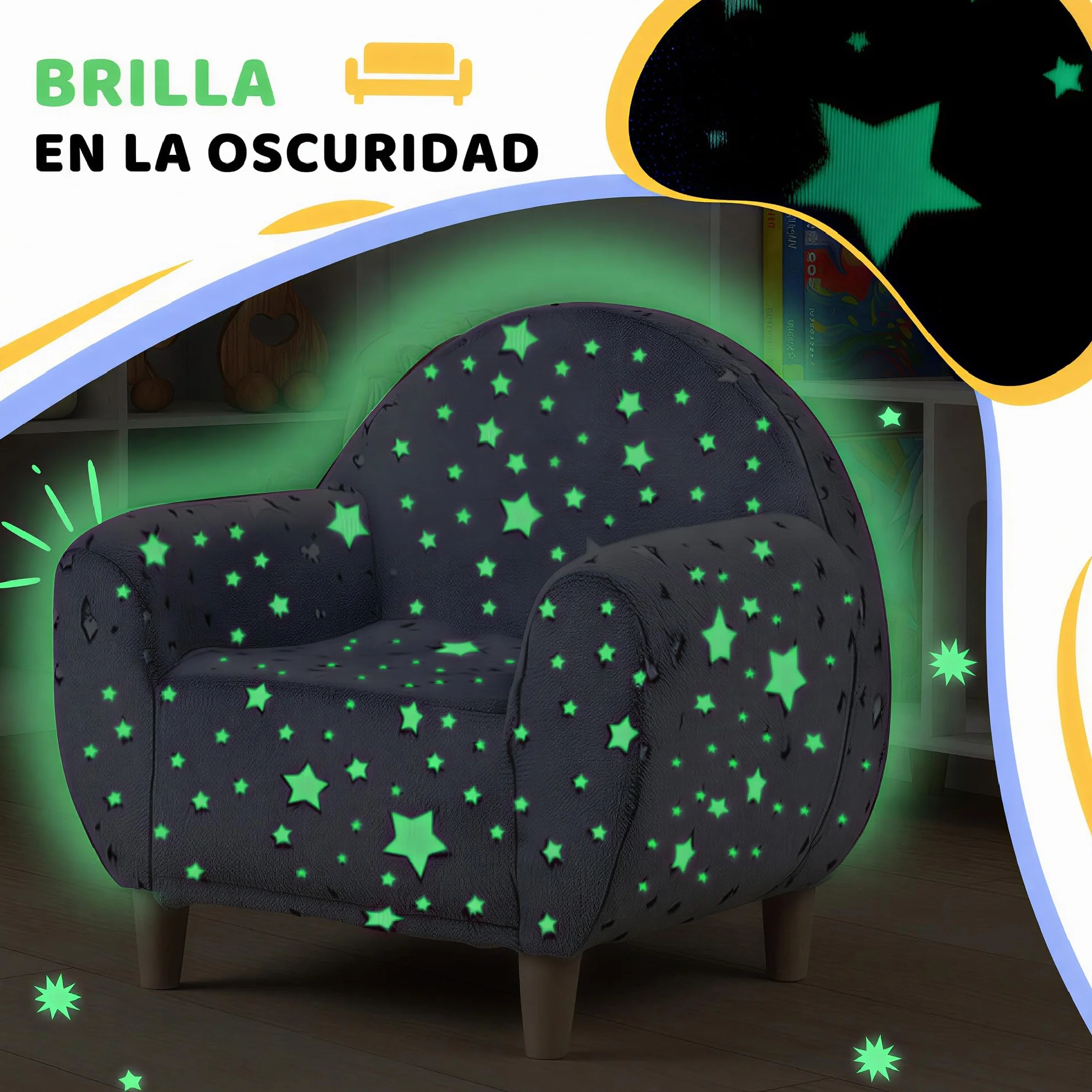 AIYAPLAY Sillón Infantil con Reposabrazos Estrellas Brillan Oscuridad Sofá Niños 18-36 Meses Terciopelo 45 kg Gris