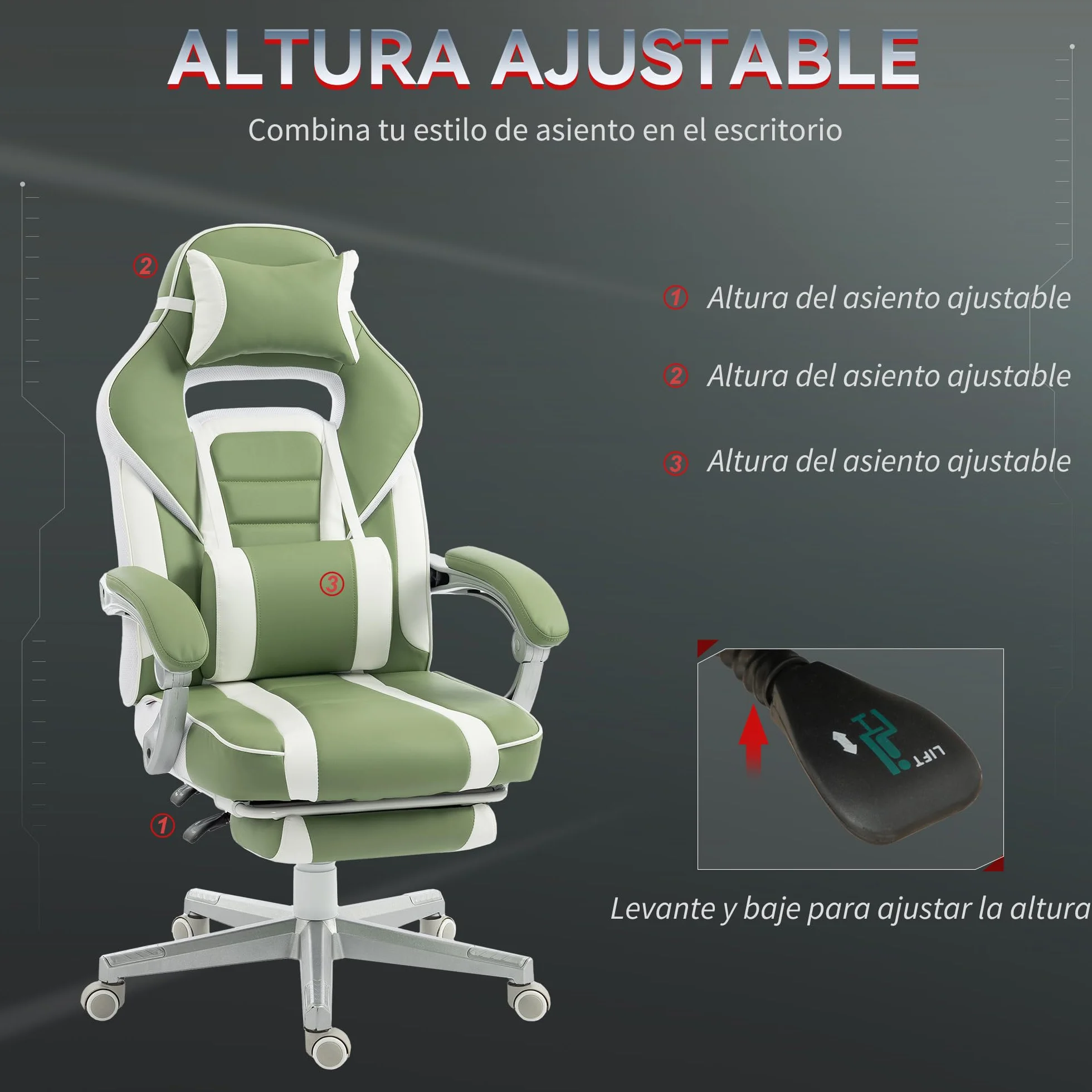 HOMCOM Silla Gaming Reclinable Altura Ajustable Reposapiés Retráctil Soporte Lumbar Reposacabezas Desmontable Verde