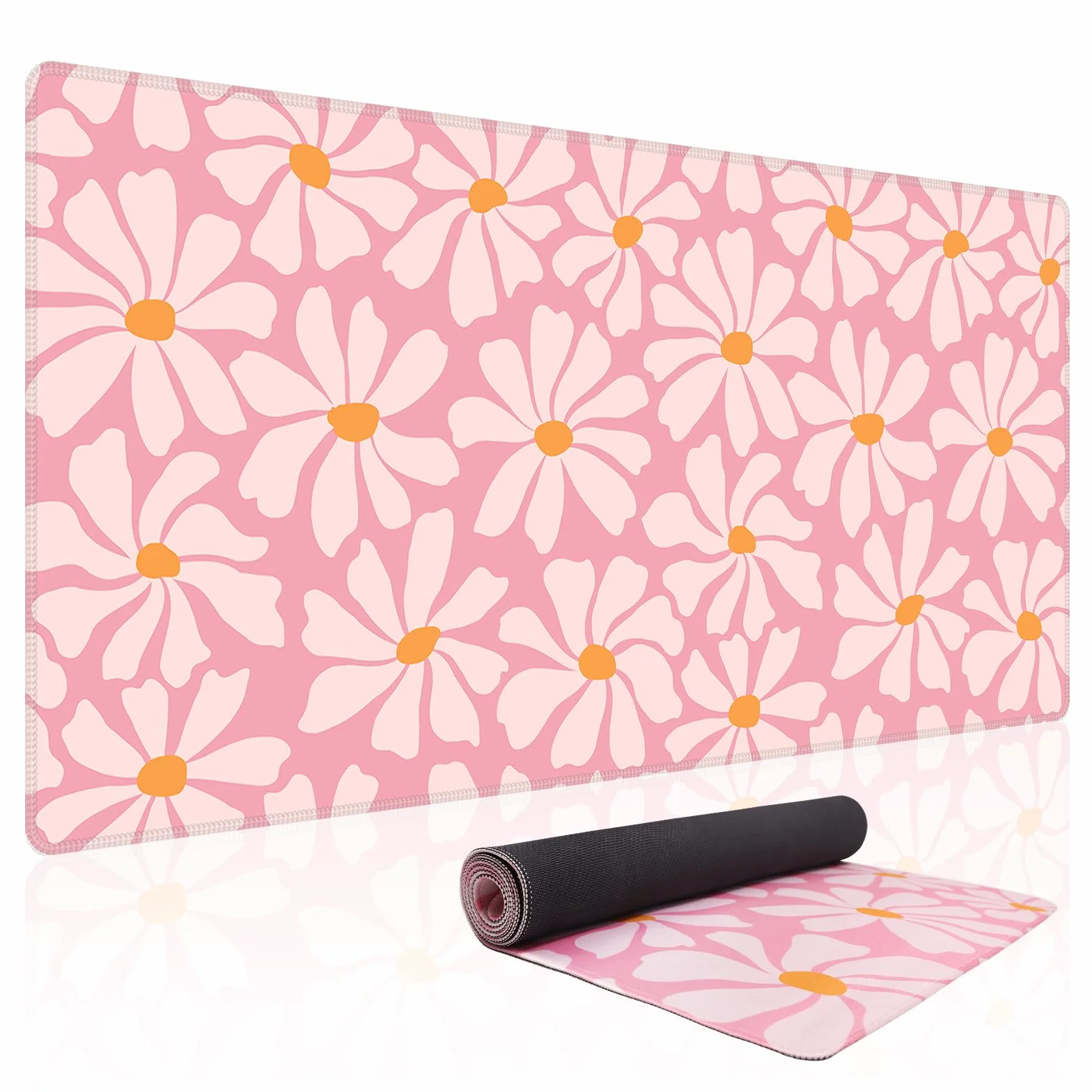Baziabbo Alfombrilla de escritorio rosa, XXL extendida grande, alfombrilla de mouse para juegos con borde cosido, base de goma antideslizante para teclado para el hogar, oficina, juego de estudio