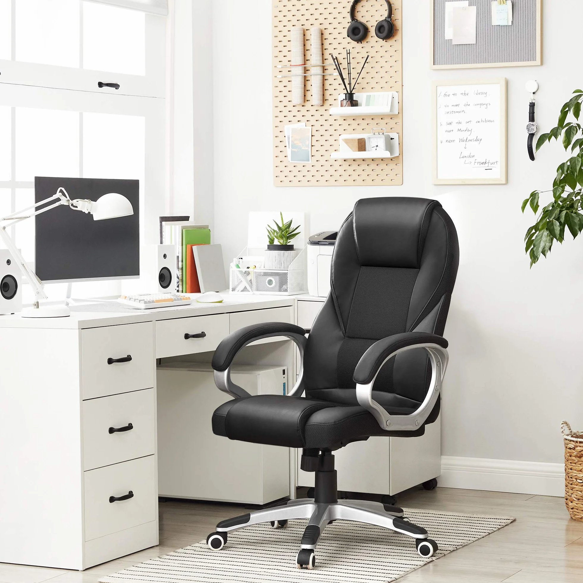 SONGMICS Silla de Oficina Ergonómica Giratoria con Ruedas Altura Ajustable OBG22B Negro Tinta