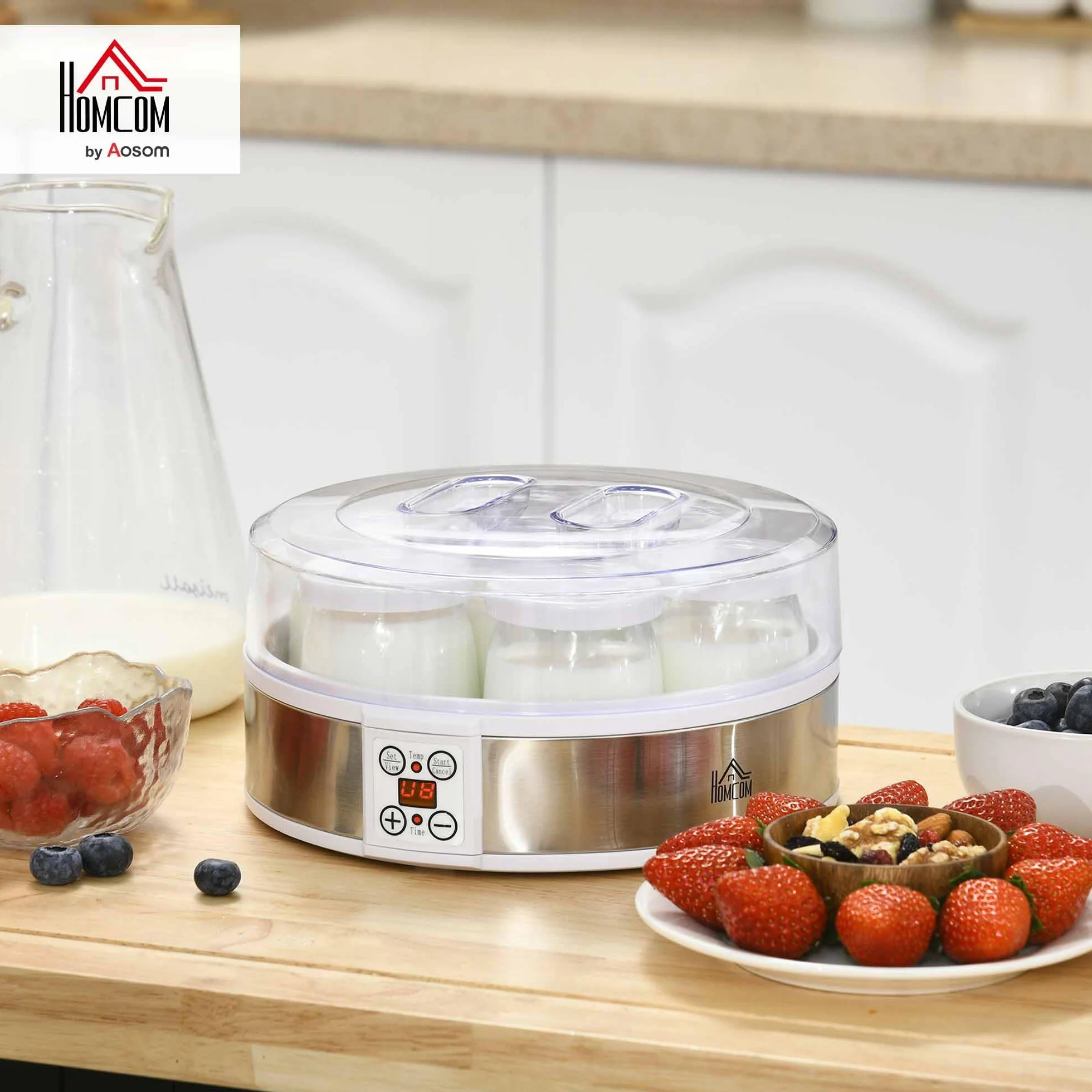 HOMCOM Máquina de Yogur 1,26L 20W 7 Tarros de Cristal 180ml Termostato Ajustable Temporizador Pantalla LED 24x24x13 cm Blanco