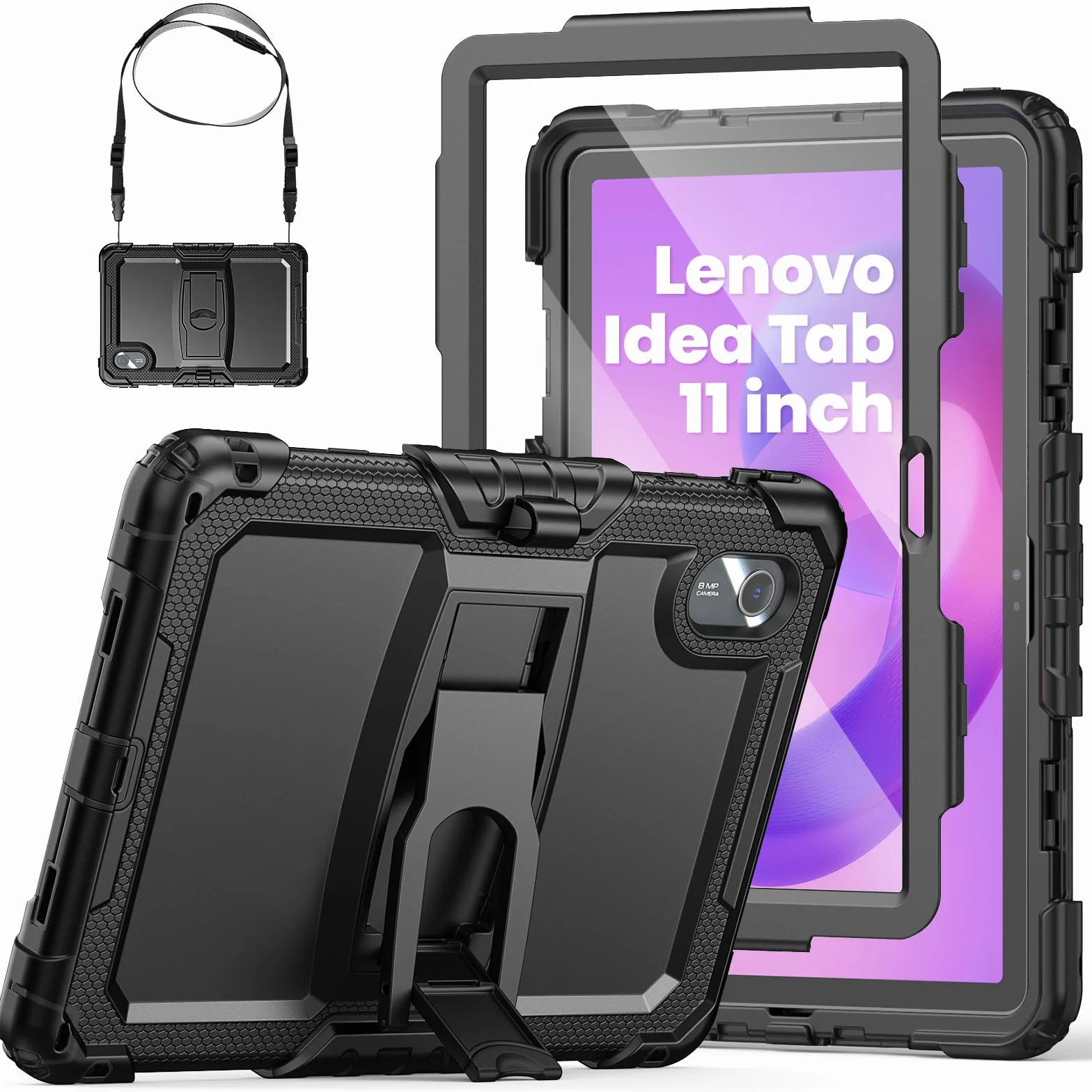 SEYMAC Funda para Lenovo Idea Tab 11 2025 / Lenovo Tab M11 2024/ K11 Gen 2 11 Pulgadas, Funda Resistente a los Golpes con Protector de Pantalla/Soporte Plegable/Correa para el Hombro, Negro