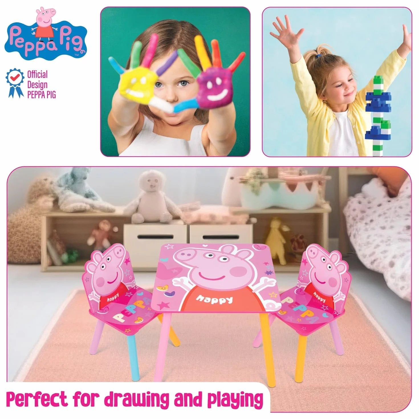 ARDITEX Set Mesa y 2 Sillas Madera Peppa Pig 50x50x44 cm Rosa