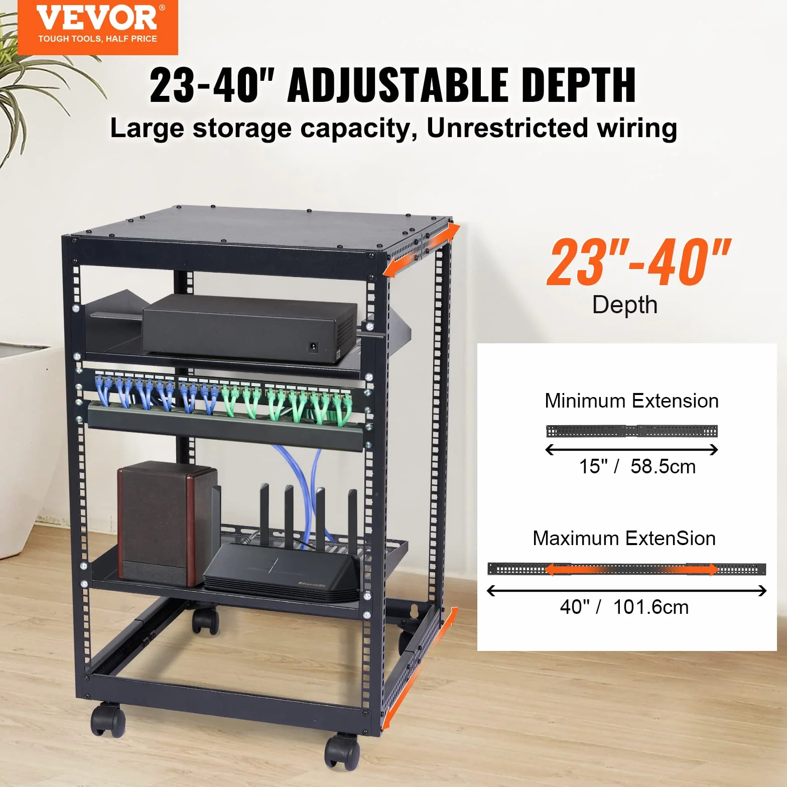 VEVOR Rack de Servidor de Marco Abierto de 15U, Profundidad Ajustable de 23"-40", Rack de Servidor de Red, 4 Postes con Ruedas, sostiene Todos Sus Equipos de TI de Red Módem enrutador de Engranaje