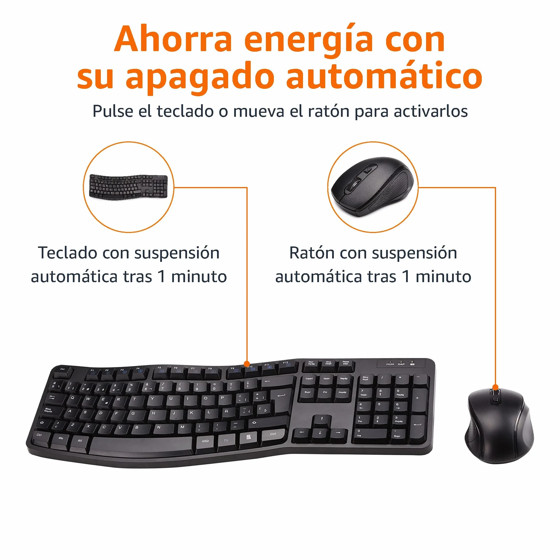 Amazon Basics Conjunto de Teclado y ratón inalámbricos ergonómicos (Teclado español), Negro