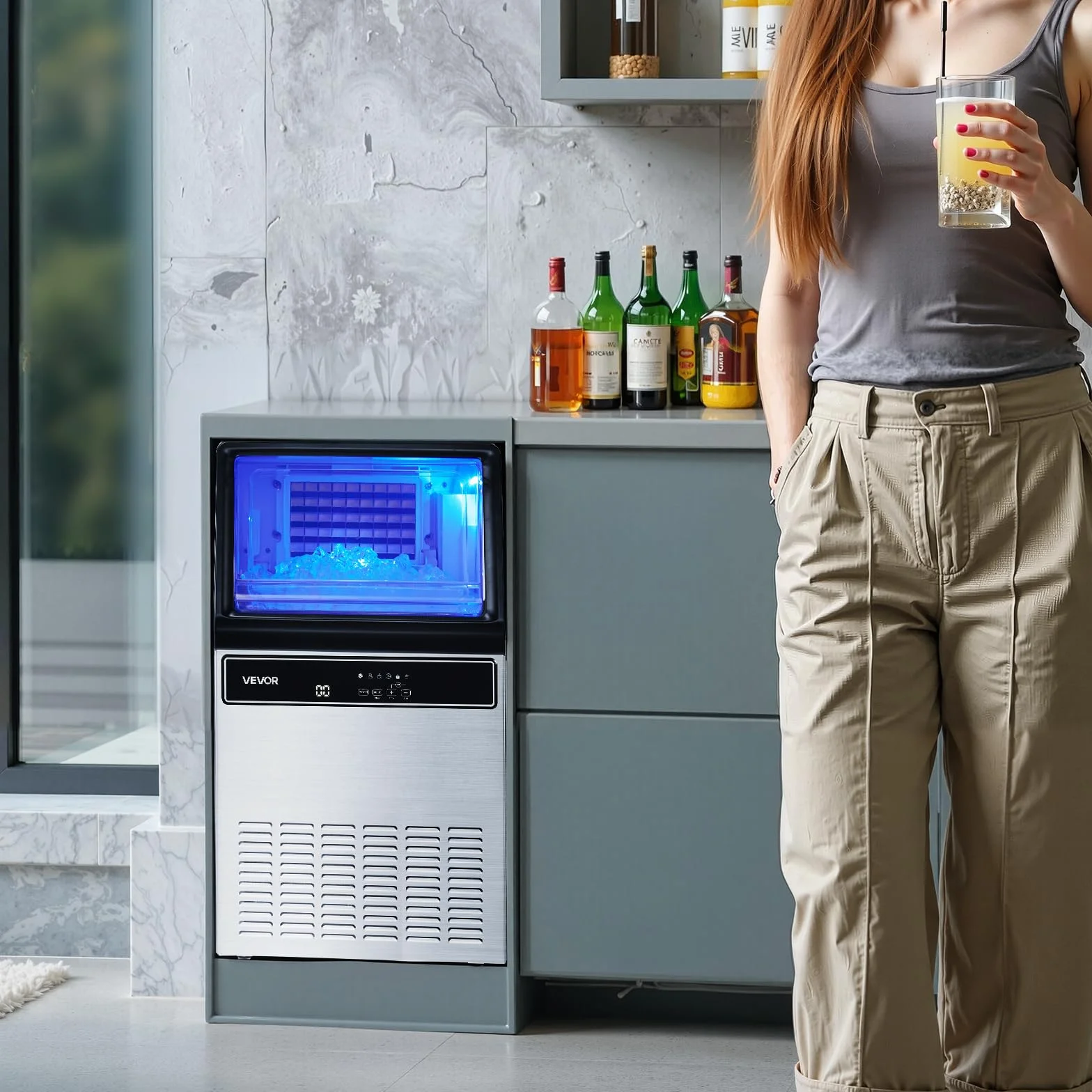 VEVOR Máquina para Fabricar Hielo 54,4 kg/24 h 15 kg Almacenamiento Acero Inoxidable Independiente Encimera Pantalla LED Autolimpieza