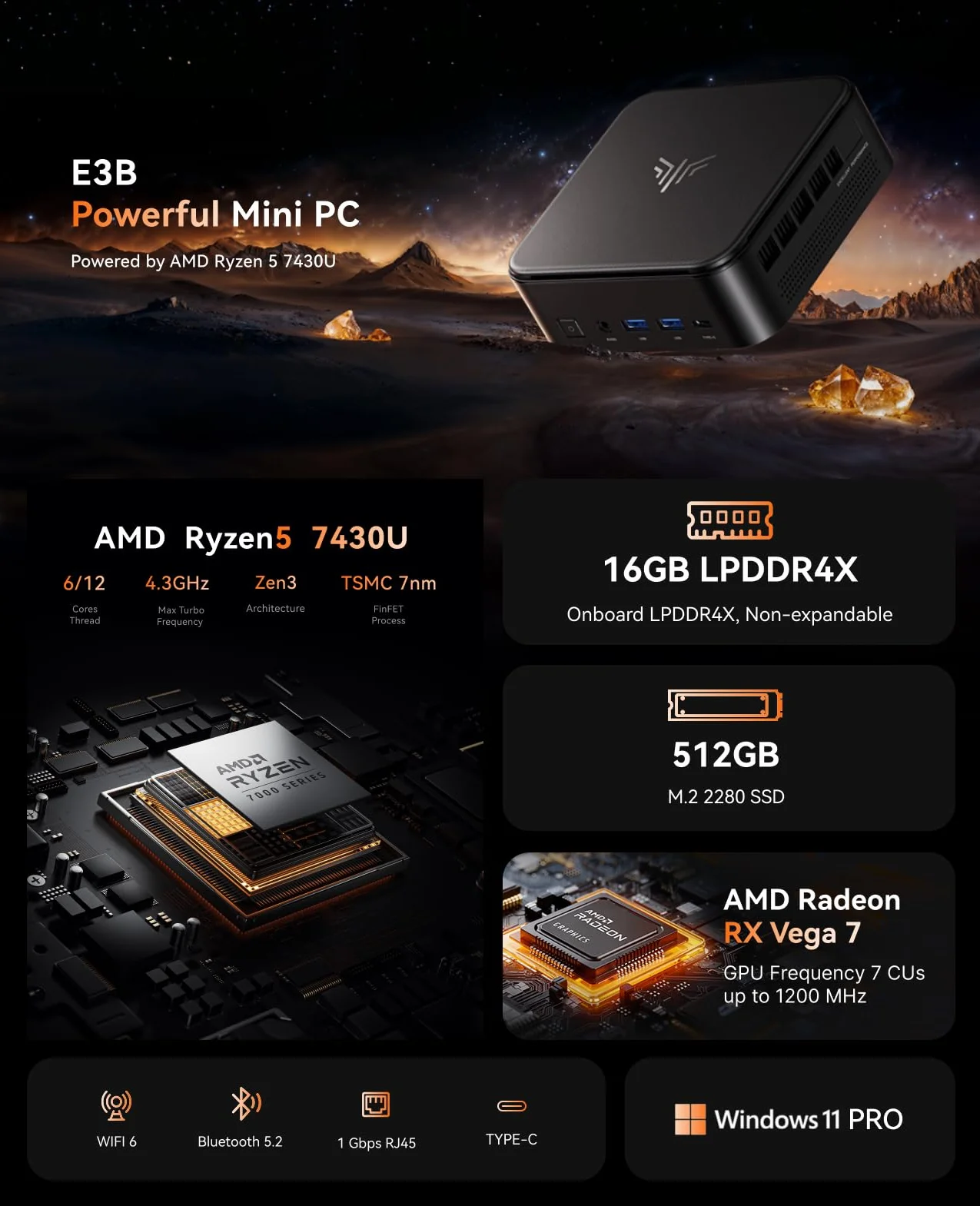 NiPoGi E3B Mini PC, AMD Ryzen 5 7430U 16GB LPDDR4 512GB SSD Mini Ordenador de Sobremesa, Triple Monitor 4K@60Hz (HDMI 2.0/ USB-C/ DP1.4), WiFi 6/ BT5.2 para Hogar, Oficina y Empresa