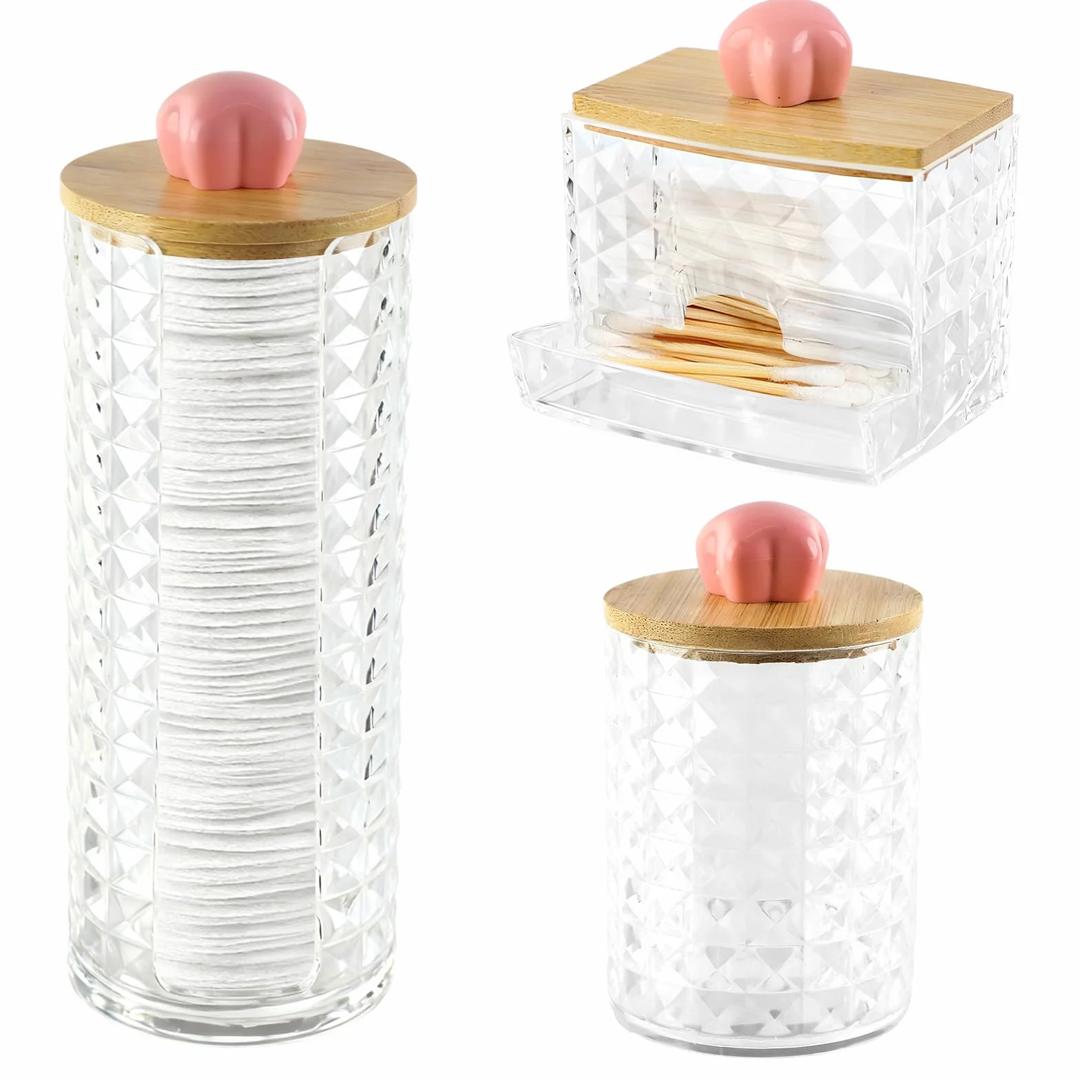 3 piezas Dispensador Discos Algodon, Dispensadores Discos Desmaquillantes, Caja de Almacenamiento de Hisopos de Algodón con Tapas de Bambú Contenedor, para Organizador de Almacenamiento de baño