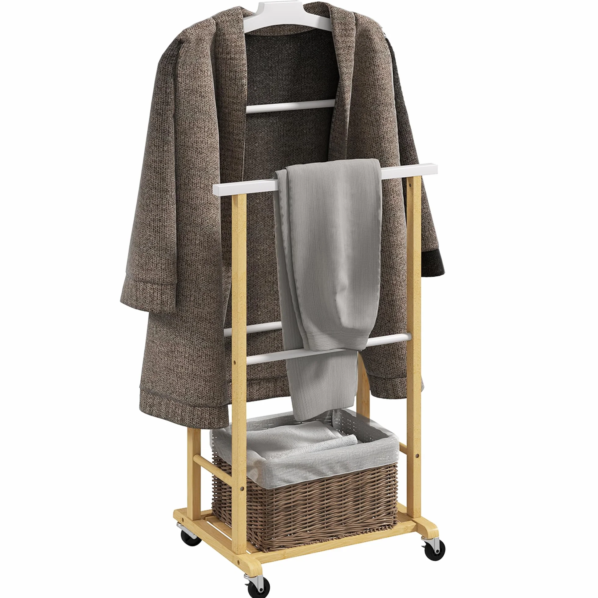 HOMCOM Perchero con Ruedas de Bambú, Colgadores de Ropa y Zapatero, 47x33,7x105,5 cm, Natural y Blanco