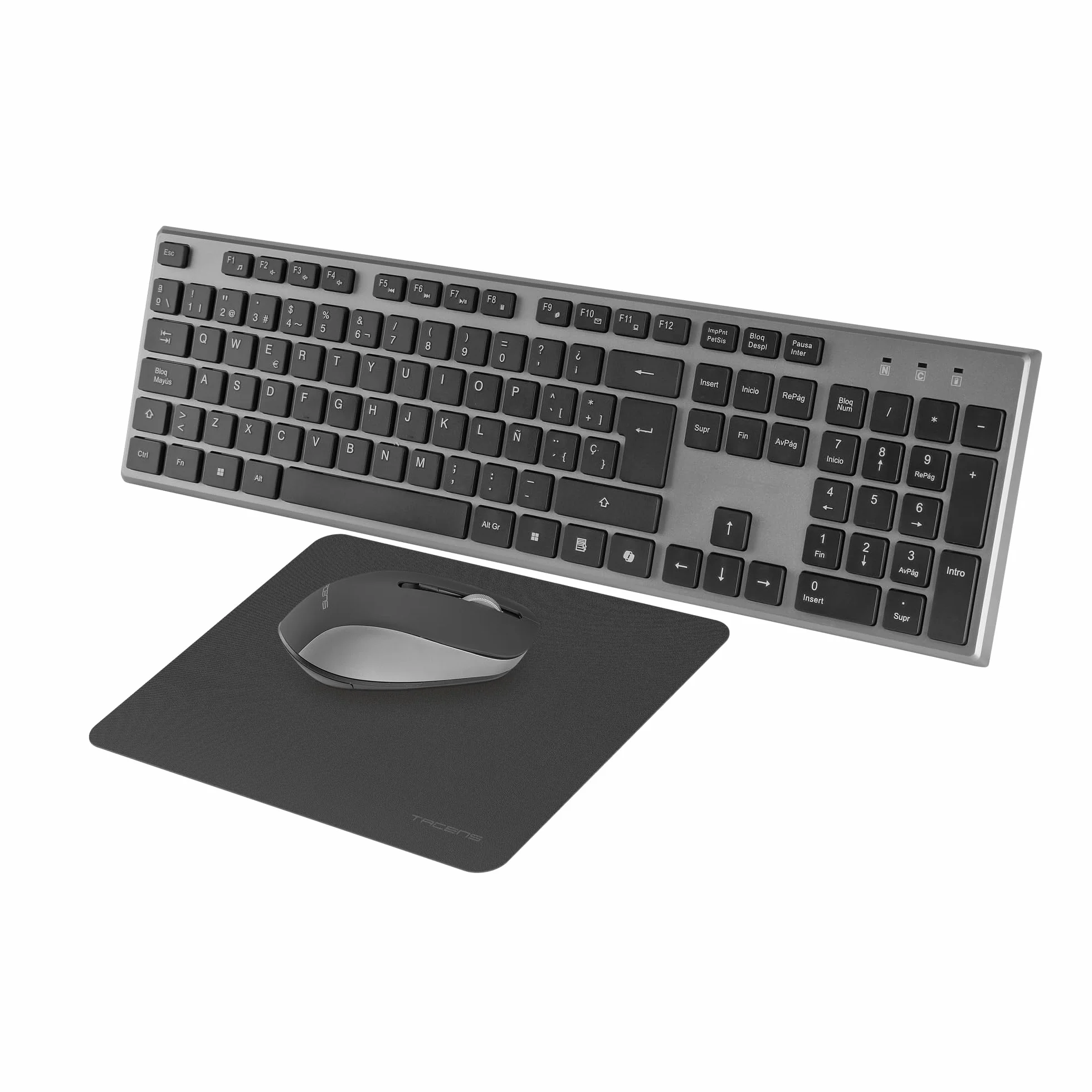 Tacens Zenith, Combo Inalámbrico 3en1 con Tecnología DualLink 2.4 GHz, Teclado Completo Full-Size con SmartKey Copilot AI, Ratón Óptico 3200 dpi, Alfombrilla Nanotextil, Idioma Portugués, Negro