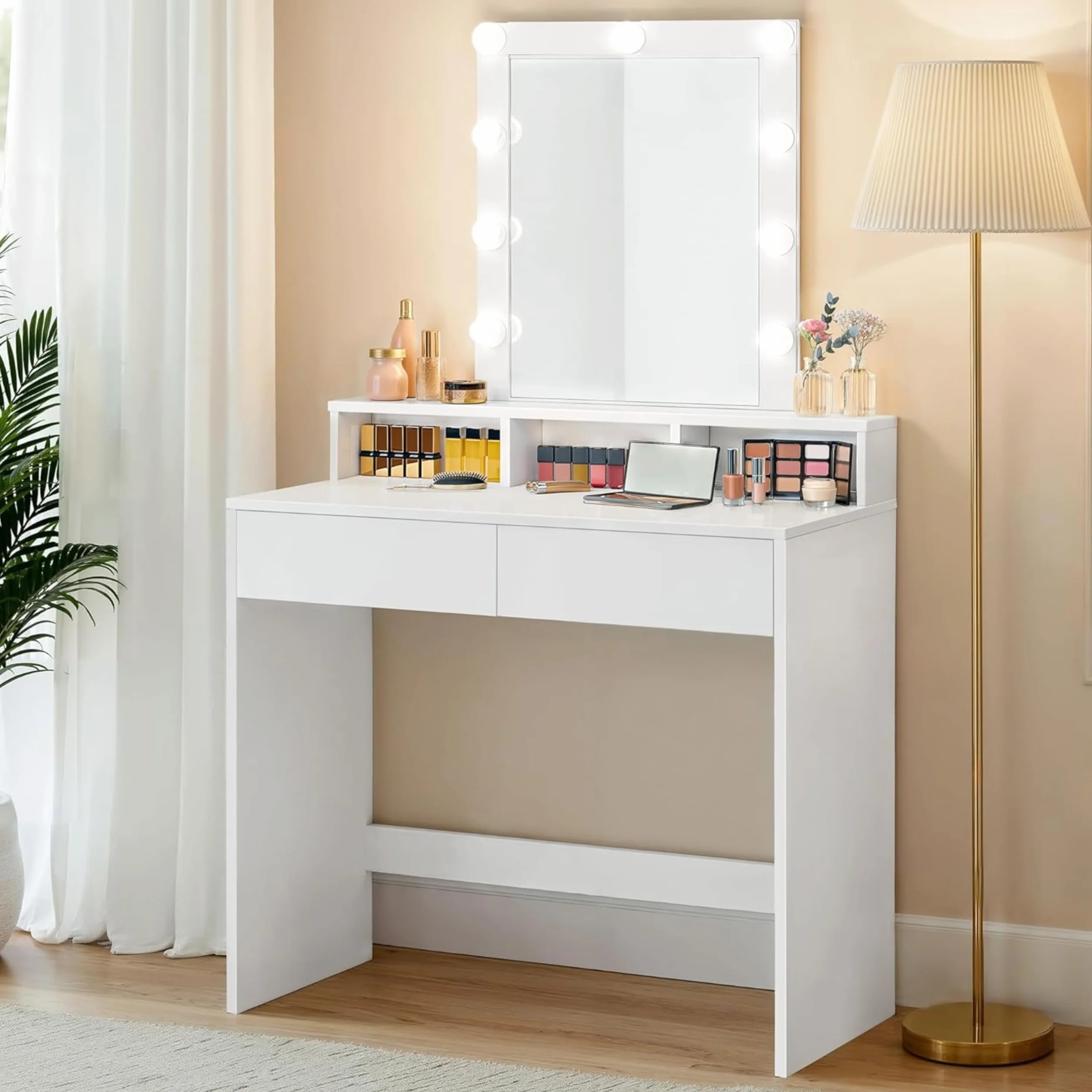 VASAGLE Kailyn Colección Tocador LED Iluminación Regulable 3 Colores Mesa Maquillaje Espejo 2 Cajones 3 Compartimentos Blanco