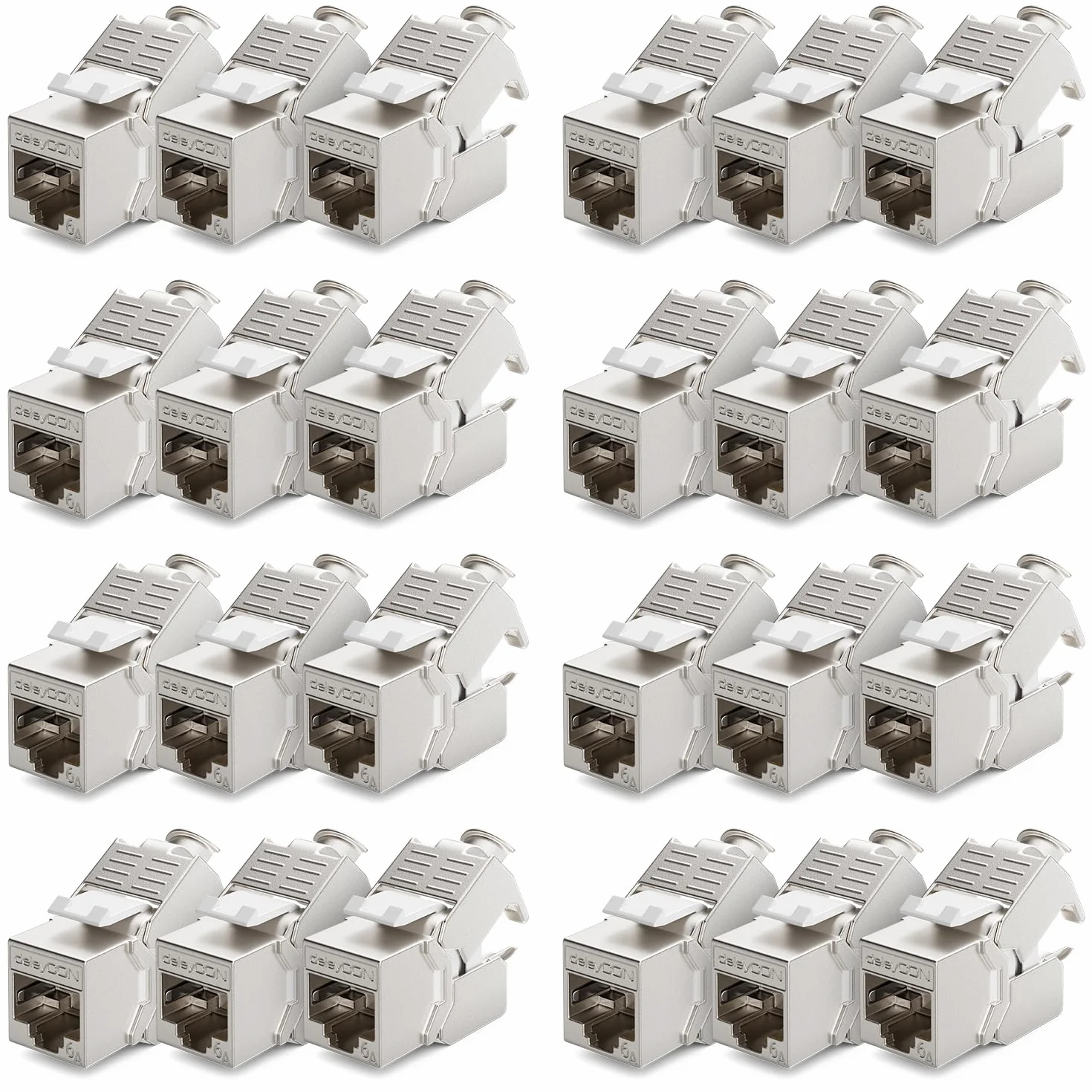 deleyCON 24x CAT6a Módulo de Clavija Keystone Cable de Conexión Cable de Red Conector STP Apantallamiento RJ45 Toma de Red Panel de Conexión Soporte Keystone Extensión