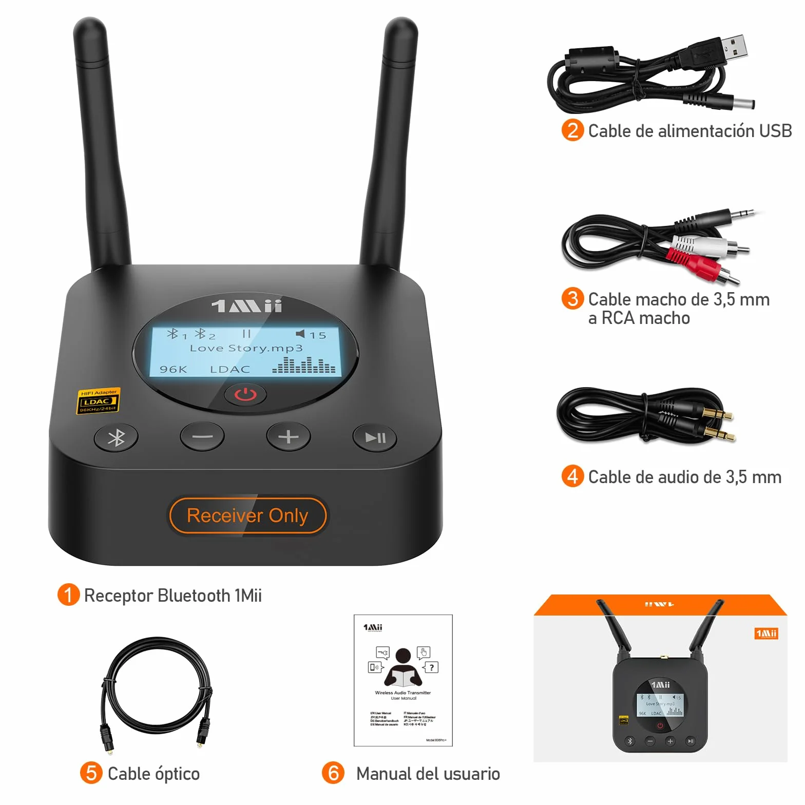 1Mii B06Pro+ Receptor Bluetooth 5.3 HiFi, Adaptador Audio Hi-Res LDAC, aptX Baja latencia/HD con Pantalla LCD, Salida Óptica AUX 3.5mm, Control Volumen, Largo Alcance 60m para Estéreo, Amplificador