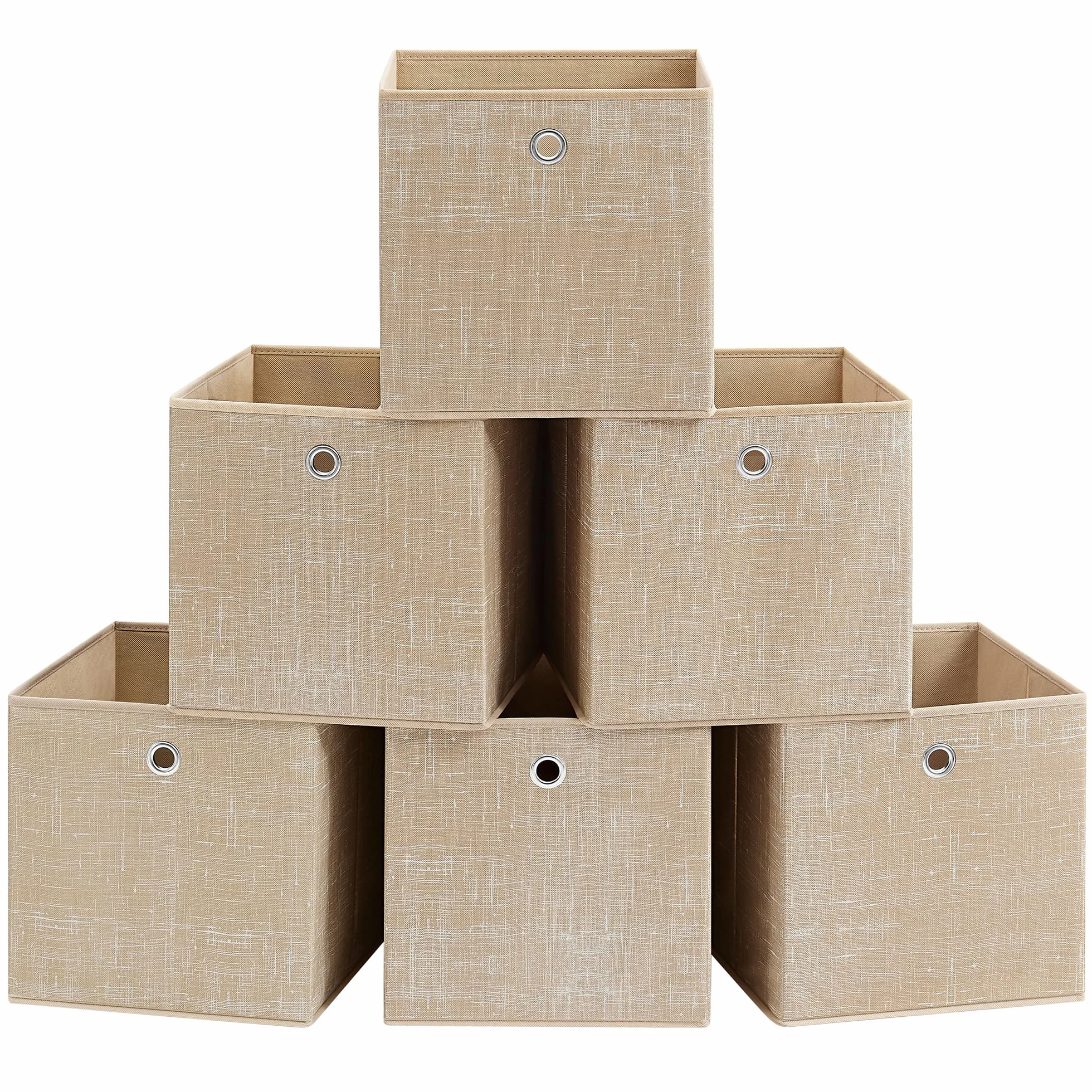 SONGMICS Cajas de Almacenamiento, Juego de 6 Cajas de Tela No Tejida con Asa, 30 x 30 x 30 cm, Unidad de Almacenamiento, para Estantes, Plegable, Almacenamiento de Ropa, Beige Arena RFB006K03