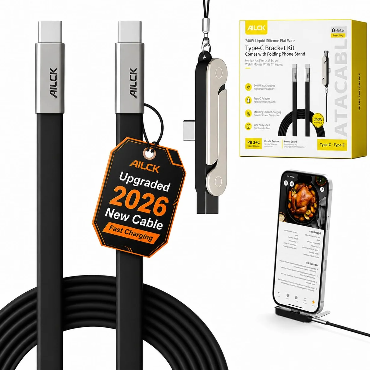 Cable USB a C desmontable 2 en 1 de 240 W de carga súper rápida de 5 pies y 90 grados con cargador de teléfono, soporte invisible y funda de teléfono, cable de carga plano lateral en ángulo recto para