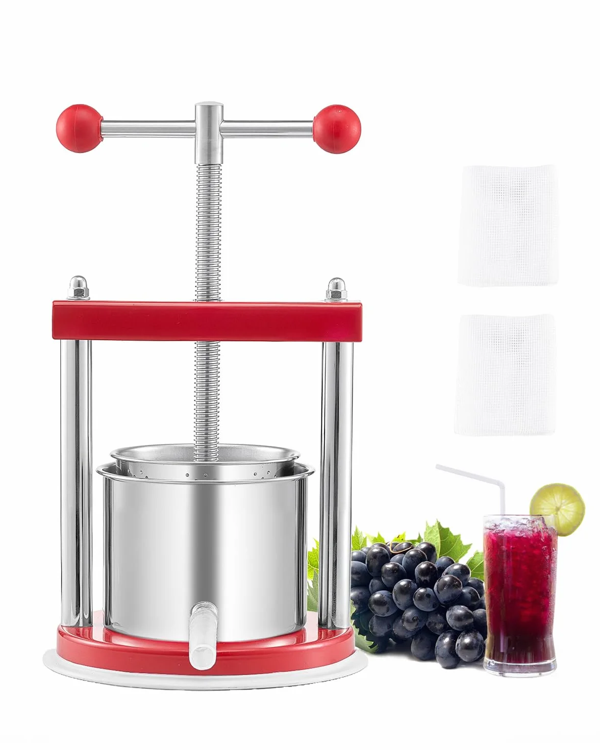 VEVOR Prensa de Vino de Frutas 1,65 L, 2 Barriles de Acero Inoxidable, 220 x 497 mm