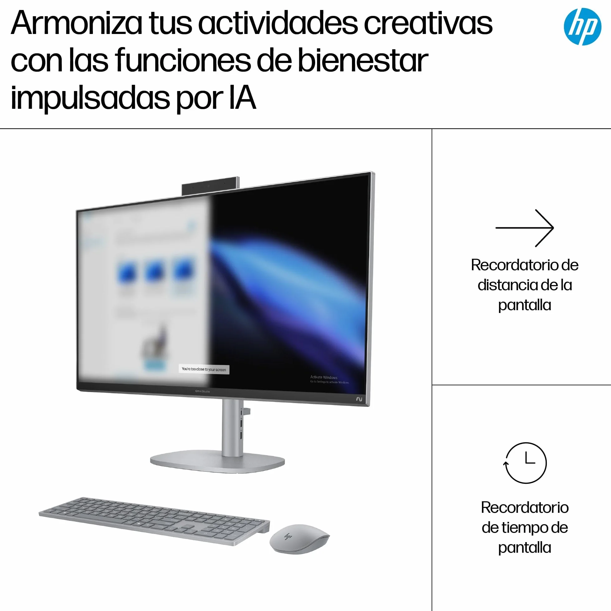 HP OmniStudio X All-in-One 27" 4K UHD (Procesador Intel Core Ultra 7 258V con IA, 32GB RAM, 1TB SSD, Gráficos Intel ARC, Windows 11 Home) Teclado QWERTY Español - Silver