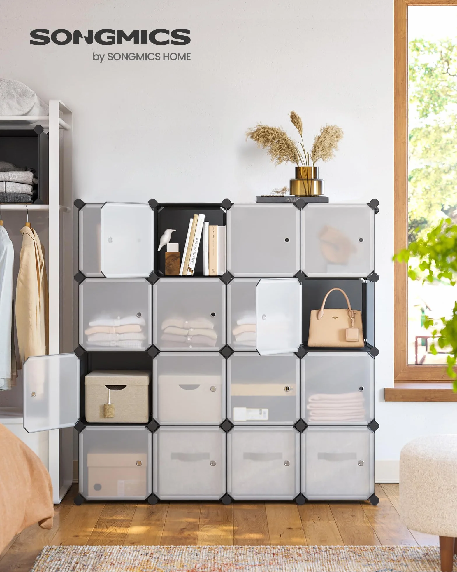 SONGMICS Estantería Modular 16 Cubos con Puertas Gris y Blanco