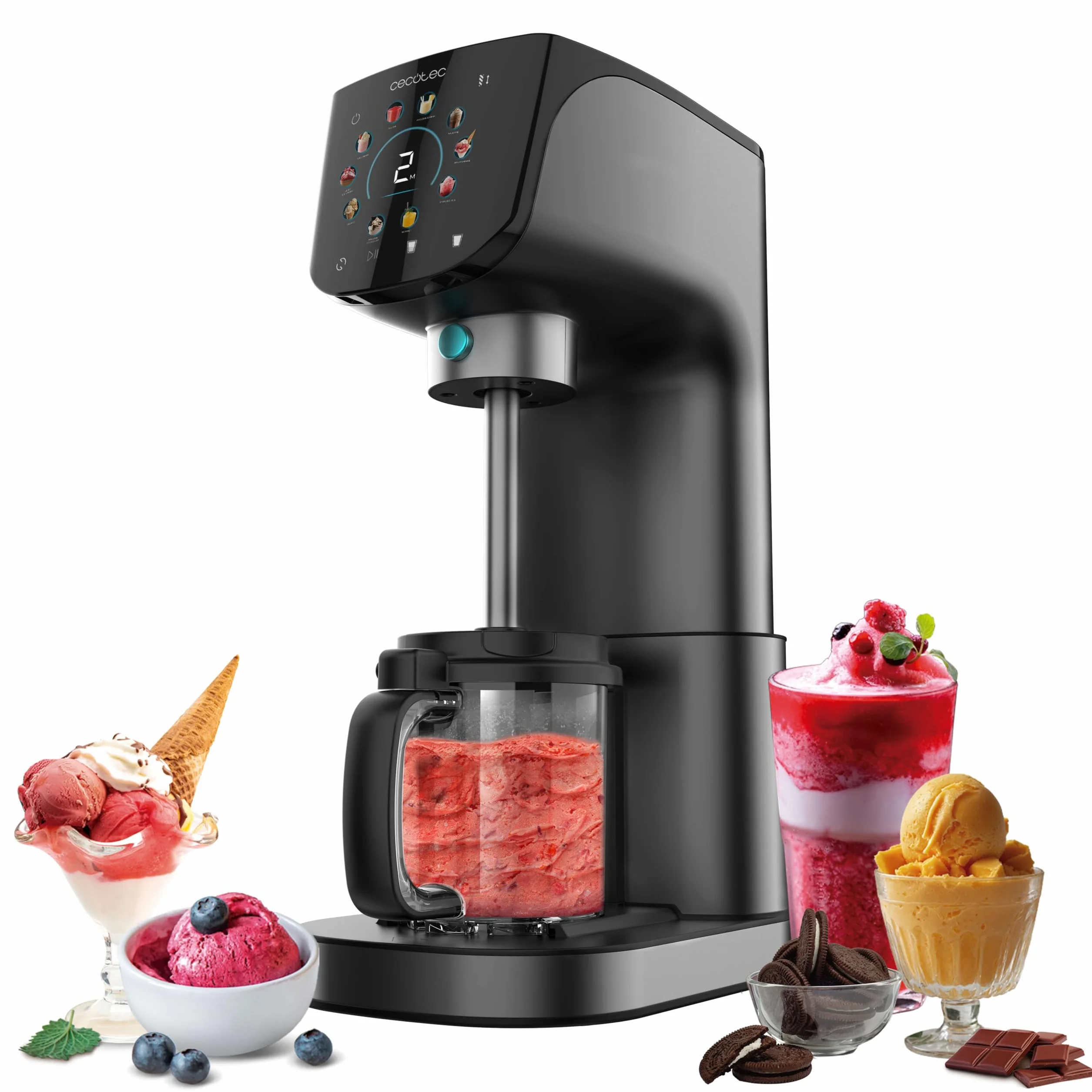 Cecotec Heladera Multifunción Capacidad 2,1L, 3 Tarrinas, Gelatec 2100. 500W, 11 Programas de Helado y Bebidas Granizadas, Tecnología CreamOn y Re-spin, Pantalla Táctil, Incluye Recetario Digital