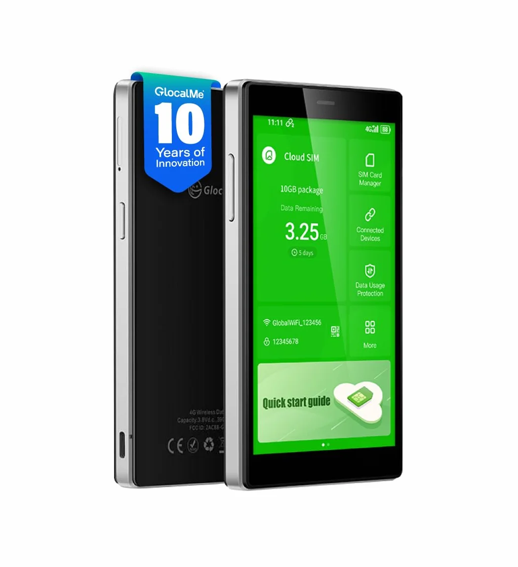 GlocalMe G4 Pro WiFi portátil, Móvil 4G LTE con 1GB de Datos globales, No SIM, Pantalla táctil de 5", hasta 10 Dispositivos conectados, 2.4GHz/5GHz, Viajes internacionales a más de 200 países (Negro)