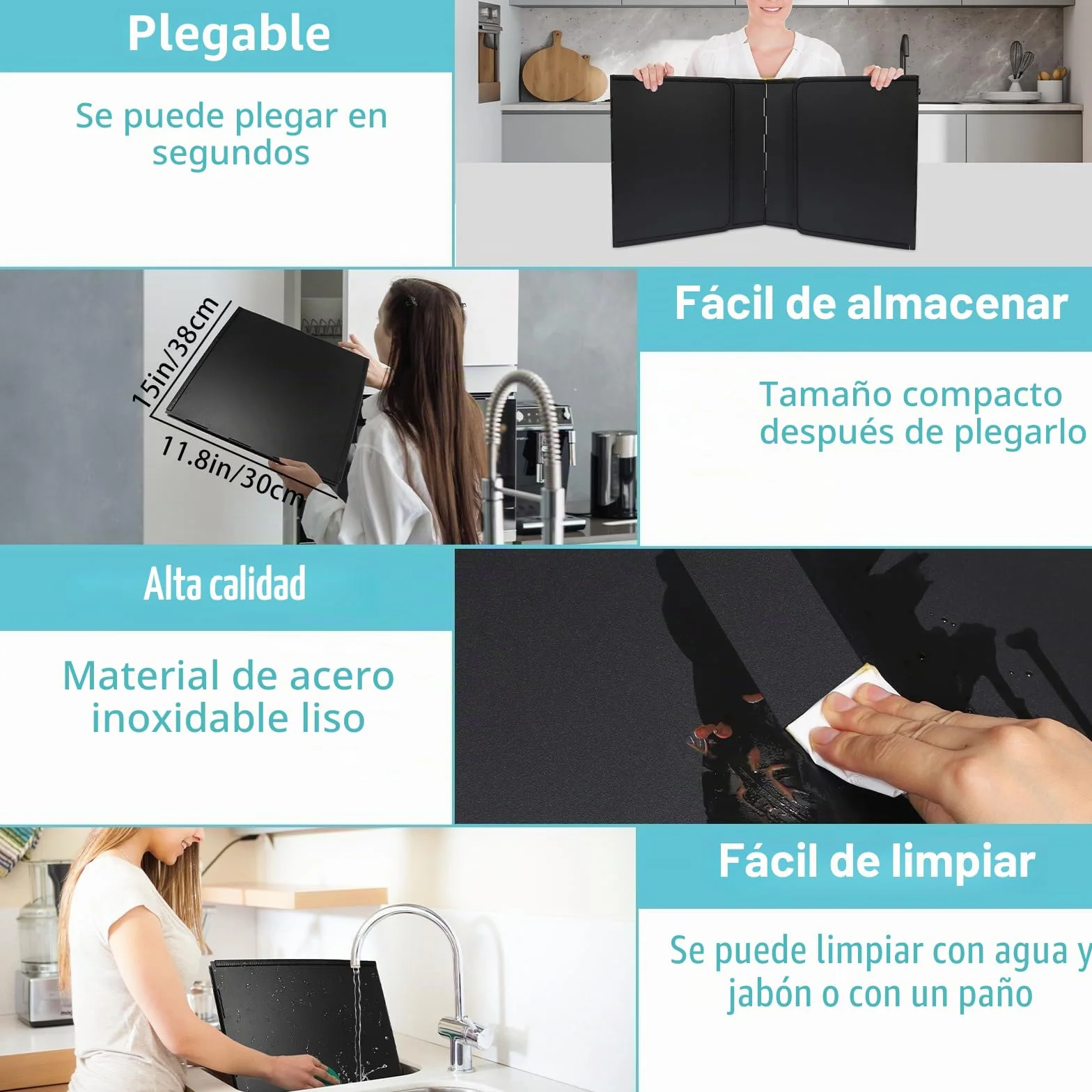 Plegable Protección contra Salpicaduras para Cocina, Negro (40 cm)