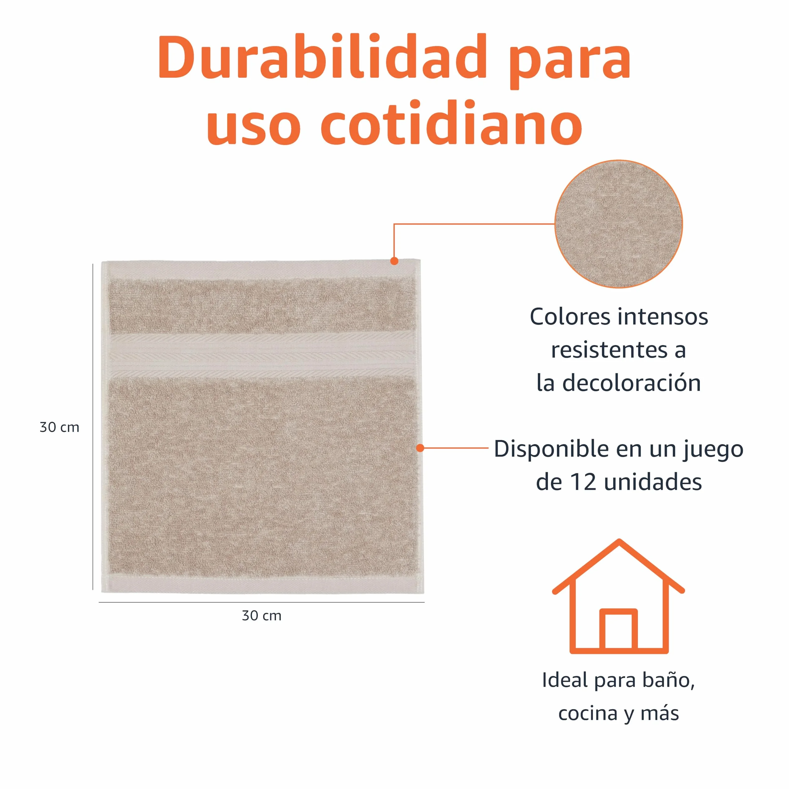 Amazon Basics Juego Toallas Baño 100% Algodón Orgánico 30x30 cm, Gris Pardo, Pack 12