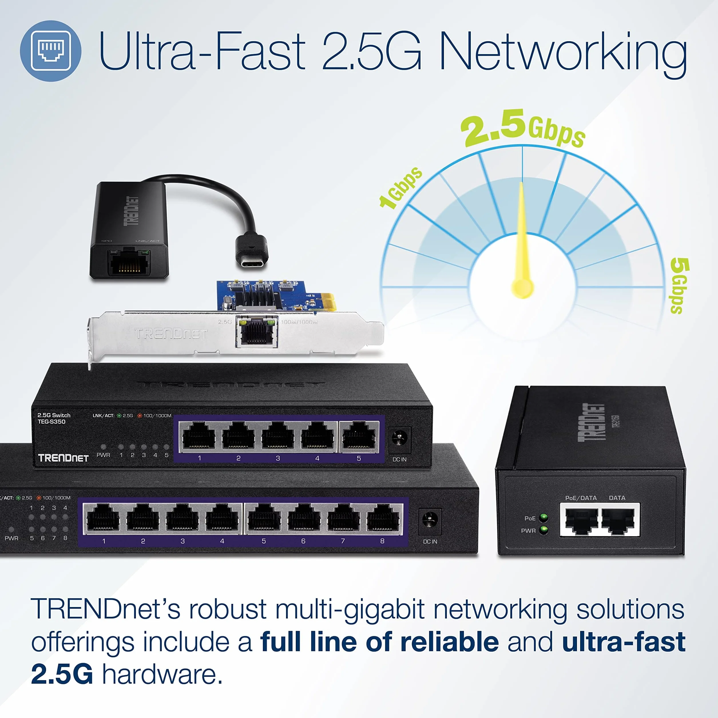TRENDnet, TPE-215GI, Inyector PoE+ 2.5G, Convierte un Puerto no PoE en un Puerto PoE+ 2.5G, Compatible con 2.5GBASE-T, Fuente de alimentación integrada