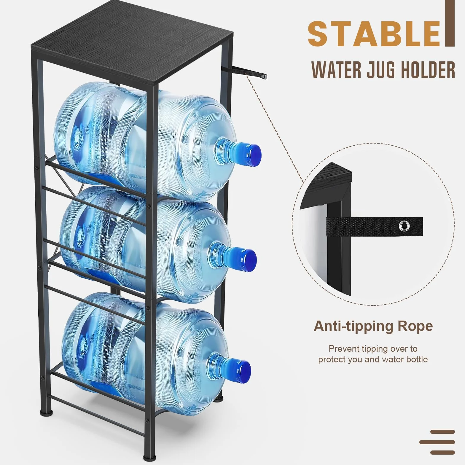 Soporte para Jarra de Agua de 3 Niveles y 5 Galones, Estante Desmontable Negro para Cocina