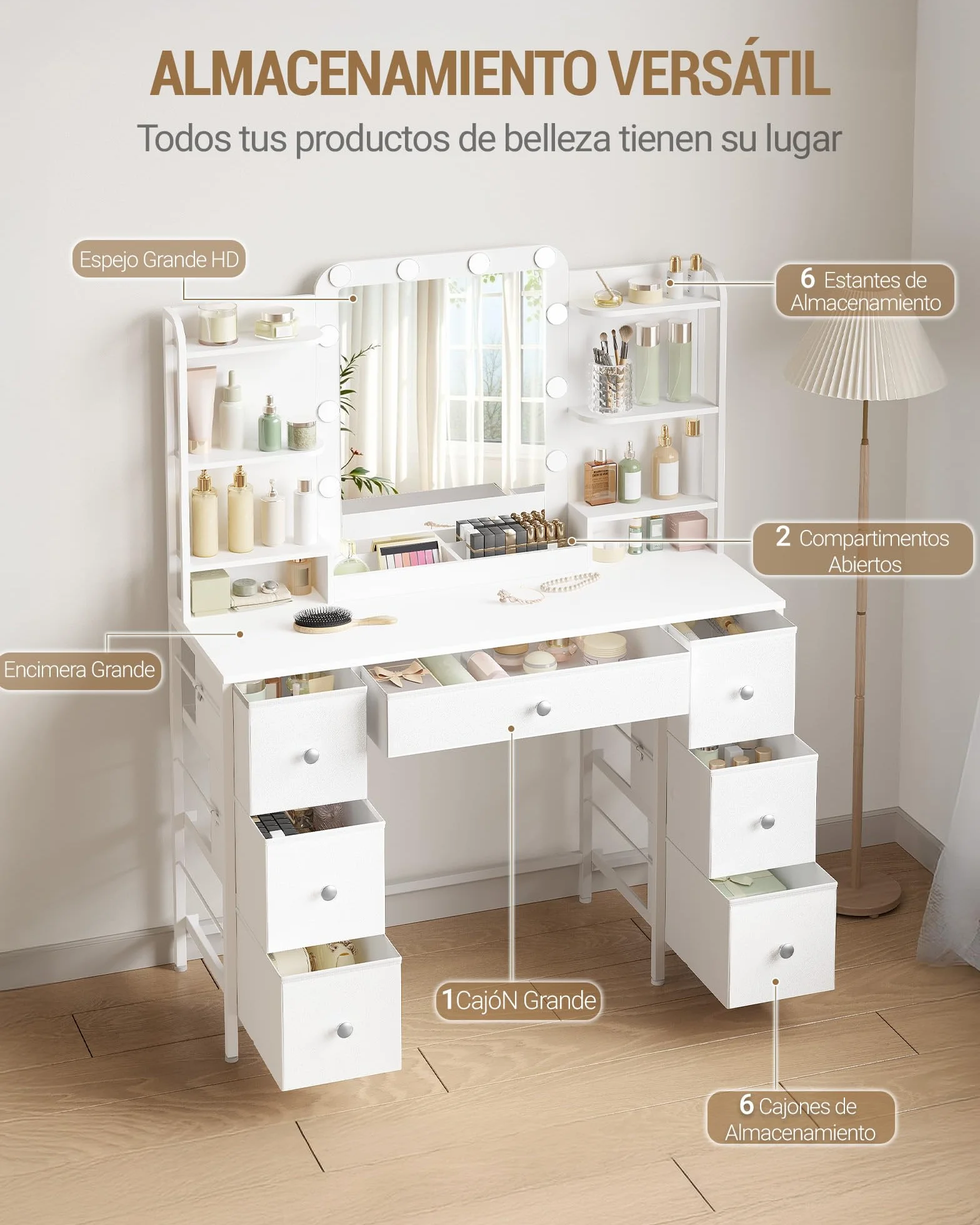 Tocador de Maquillaje con Iluminación LED, 108 cm, Espejo Grande HD, 7 Cajones, Blanco Moderno