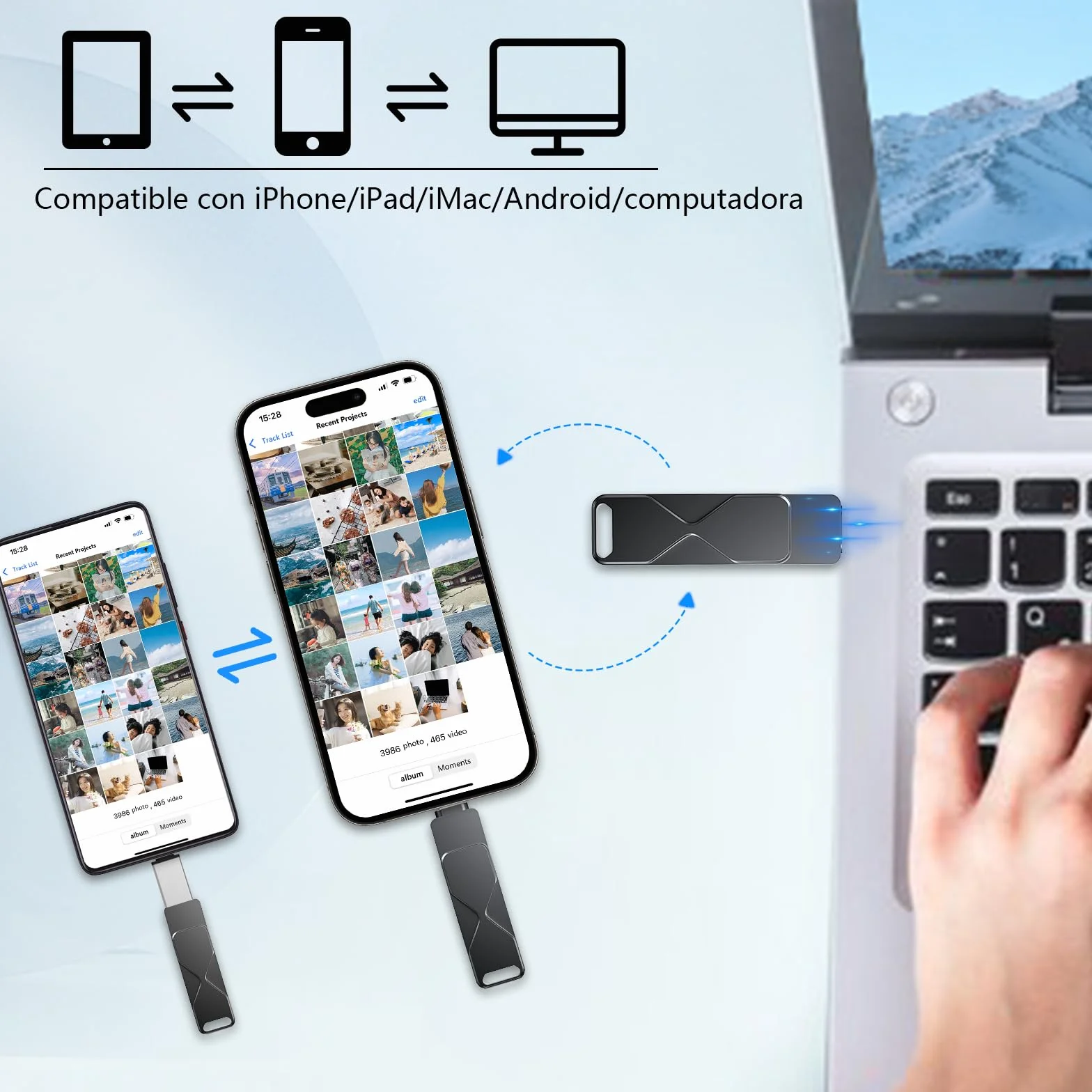 Memoria USB para iPhone, MFi Certificada, Memoria Externa Lightning, Pen Drive Lápiz USB 3 en 1 para iPhone, iPad, iOS, MacBook, Android, PC (Negro, 256GB)