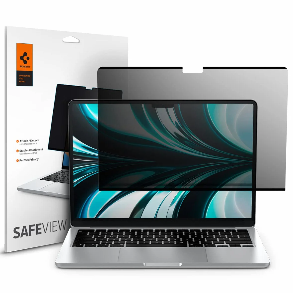 Spigen SafeView Protector Pantalla Filtro Privacidad para MacBook Air 13 Pulgadas (M5 2026 / M4 2025 / M3 2024 / M2 2022), 1 Unidad, Anti-Espía, Cobertura Completa, Con paño de limpieza y estuche