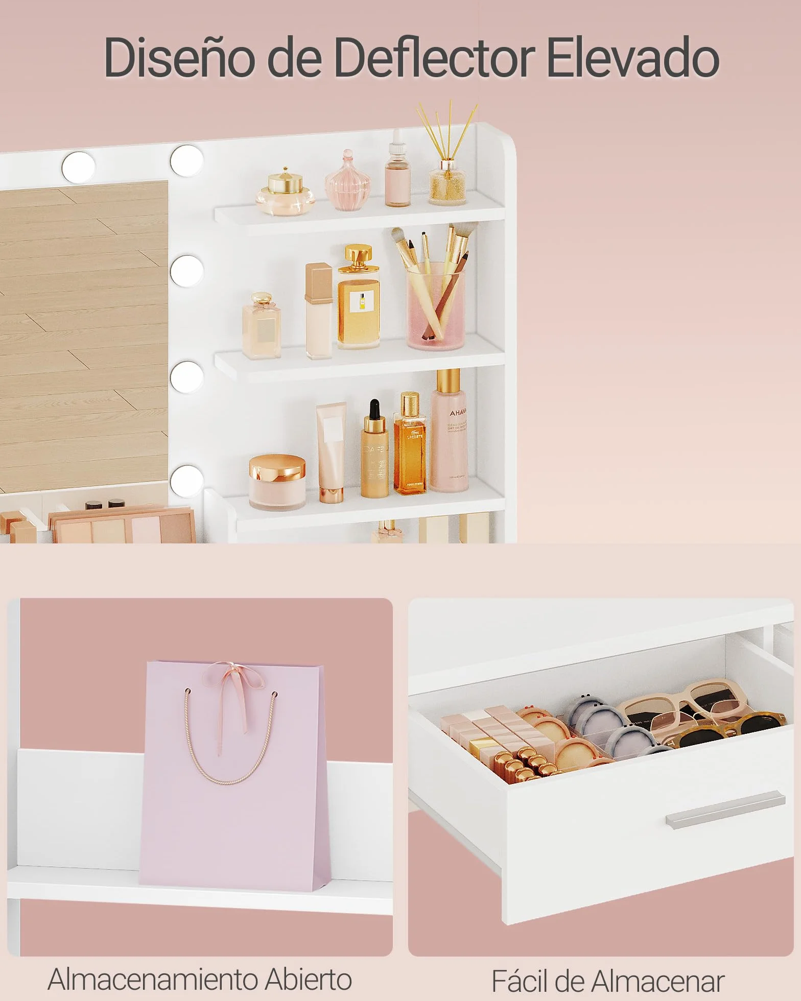 Hzuaneri 90 cm Tocador con Espejo, Maquillaje con Luz, 3 Brillo Ajustable, 2 Cajones, 4 Estantes, 2 Compartimentos, Moderno, Blanco