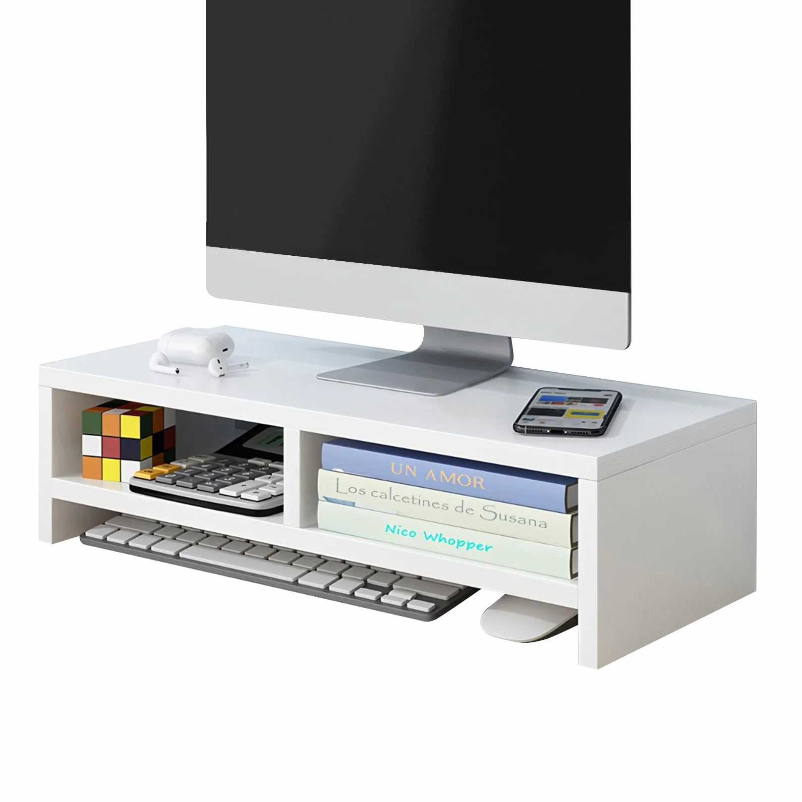 Soporte Monitor Escritorio Blanco Elevador Monitor Madera con 2 Compartimentos Soporte para Monitor de Ordenador para Escritorio Ideal para su Oficina En Casa 40 x 20 x 13 cm