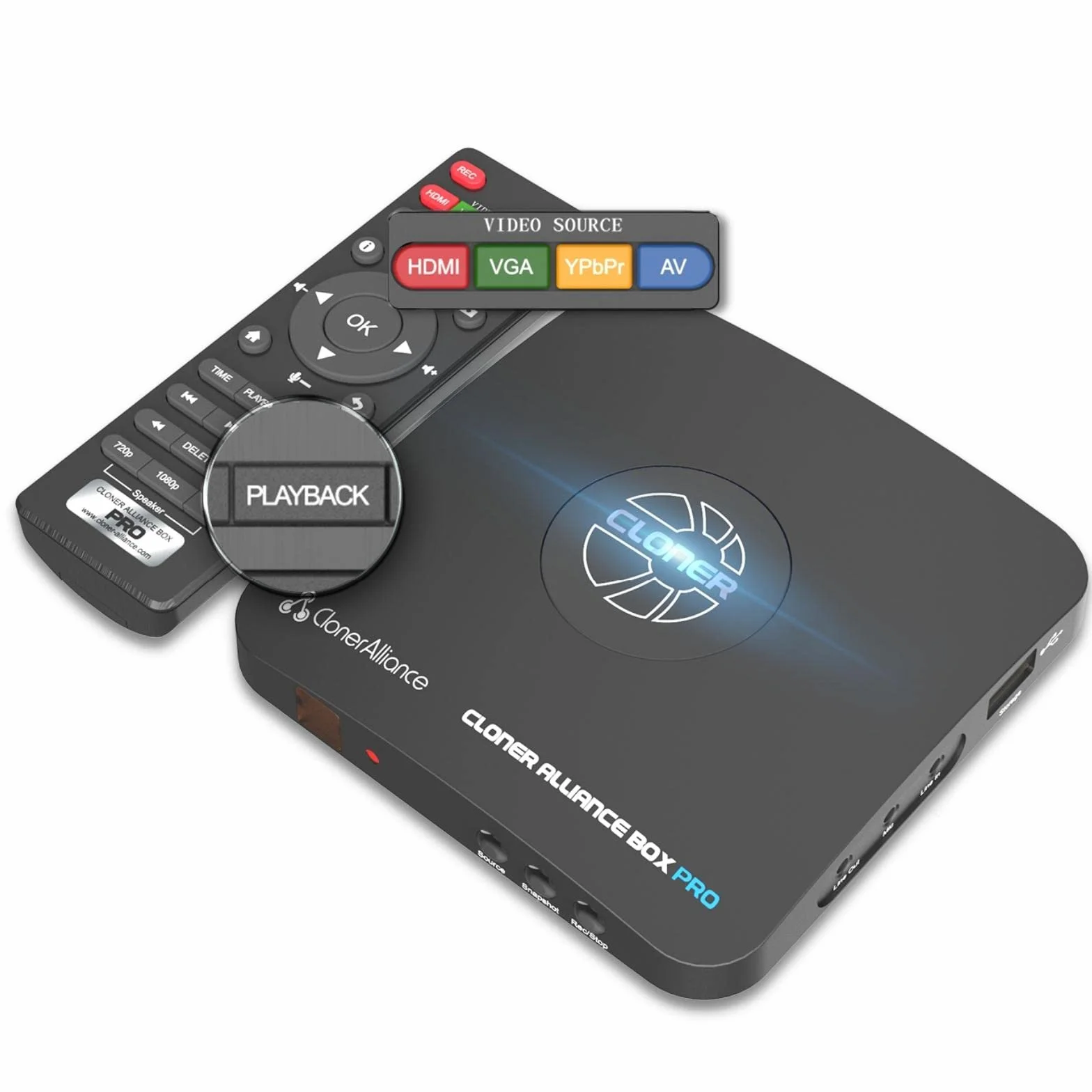 ClonerAlliance Box Pro, grabadora de vídeo 1080p@60fps, DVR con Captura HDMI, reproducción en TV. Convertidor RCA/YPbPr/VGA a Digital. No se Requiere computadora. Compatible con PVR/OTA.
