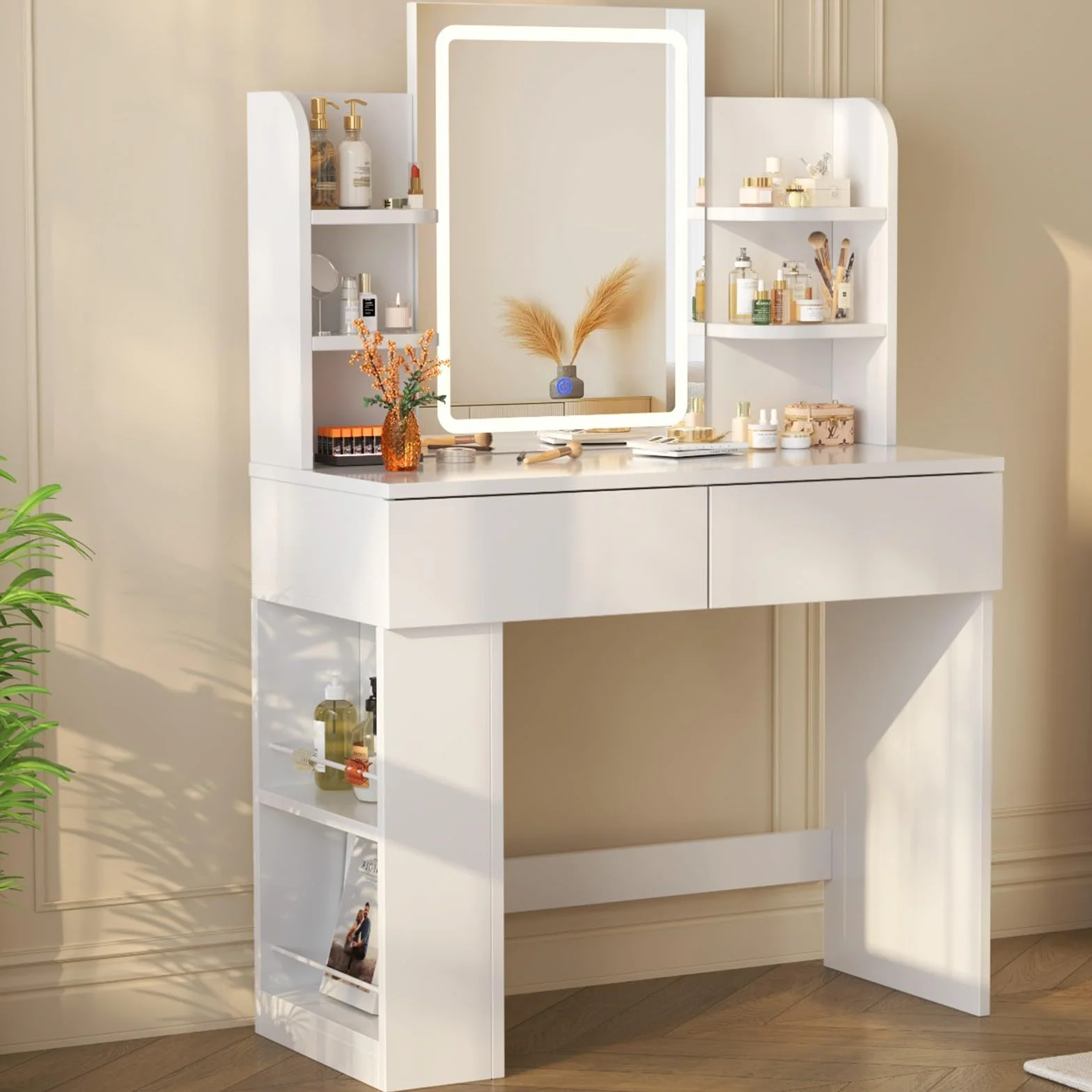 Devoko Tocador de Maquillaje con Luces LED, Brillo Ajustable, Mesa de Maquillaje con Espejo, con 2 Cajones Grandes y 4 Estantes Abiertos y Taquilla Lateral, 90 x 40 x 135 cm, Blanco
