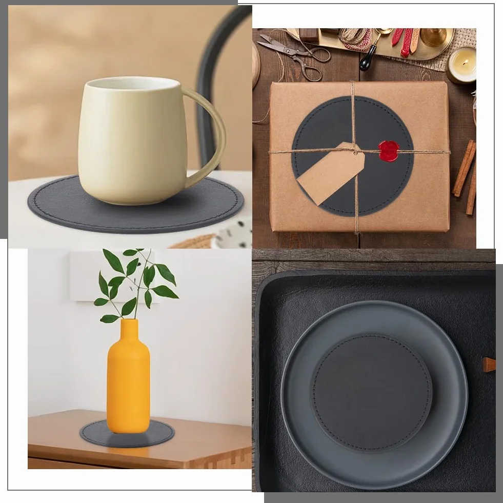 Posavasos de Cuero Sintético de 6cm Redondos Negros Antideslizantes con Protección contra Derrames