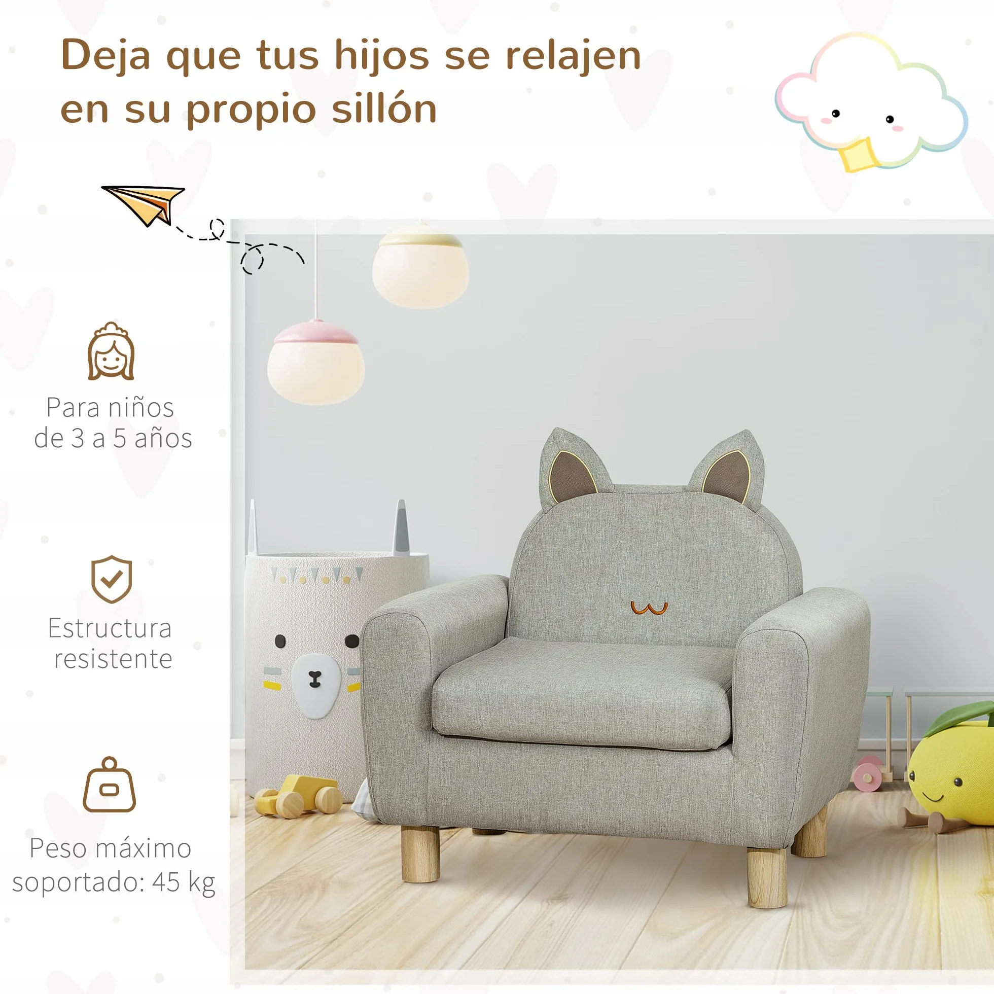HOMCOM Sillón Infantil Mini Sofá para Niños 3 Años Asiento Acolchado Reposabrazos Bolsillo Almacenamiento Estructura Madera 45 kg 61x42x53 cm Marrón