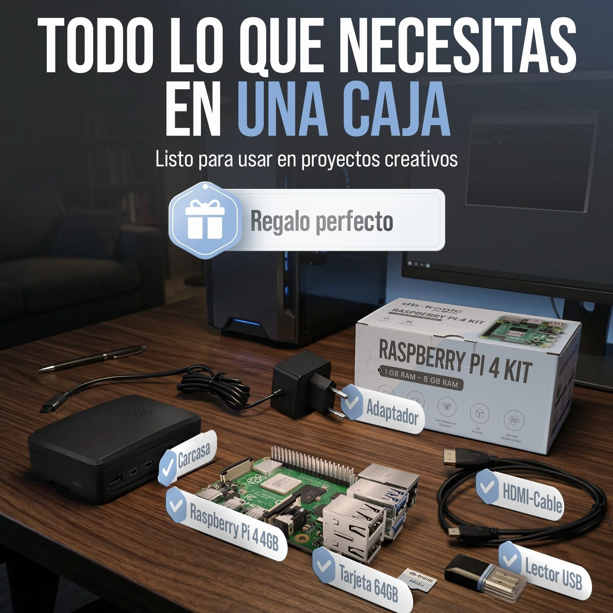 db-tronic Raspberry Pi 4 4 GB Starter Kit | Edición Negra 64 GB | Alimentación 15 W | Carcasa | Micro HDMI 4K | Disipadores | Lector USB | Ideal para Home Assistant y el Smart Home