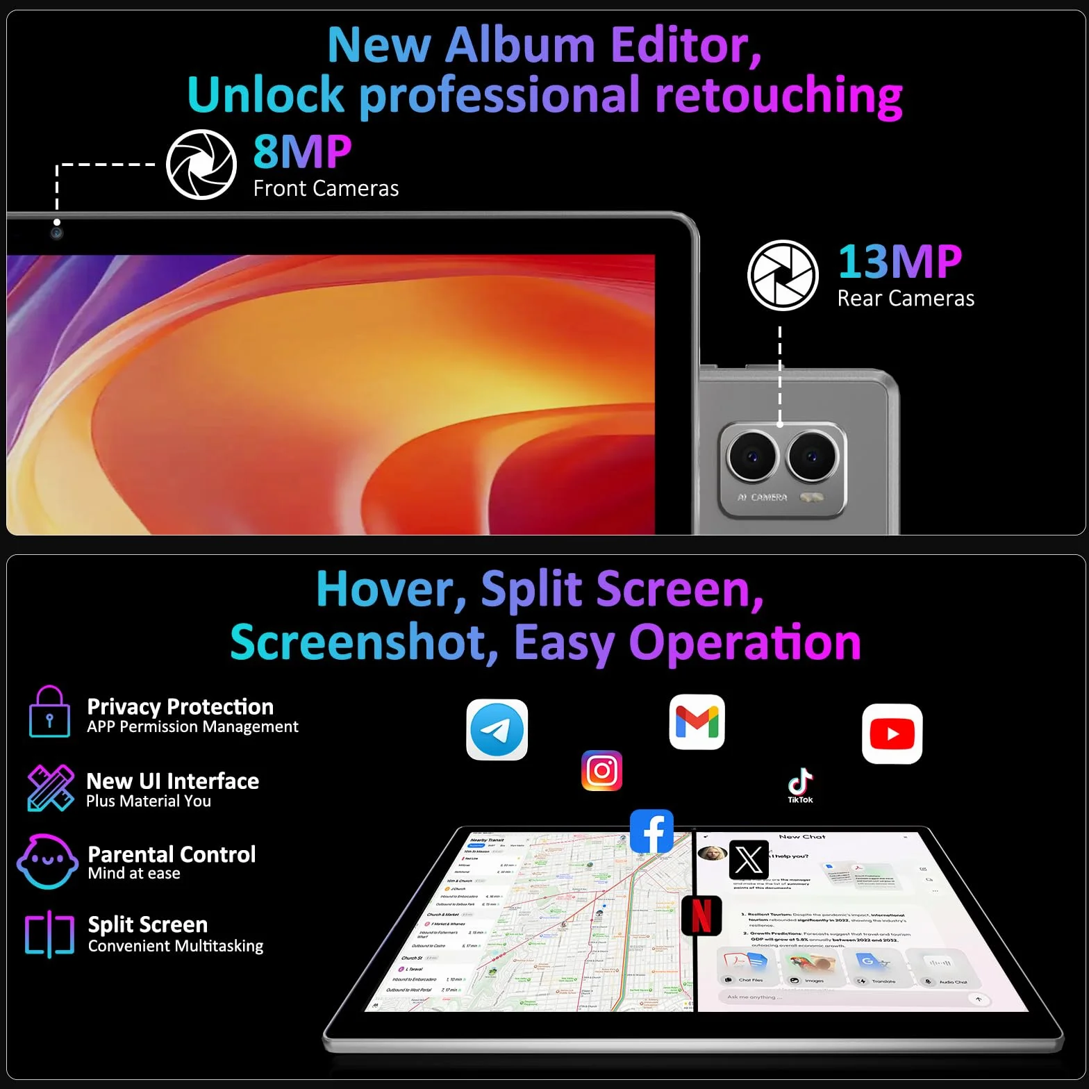 Tablet 14 Pulgadas Android 15 Tableta 5G WiFi,11580mAh y 20W,36GB RAM+256GB ROM/2000 * 1200 incell FHD/Face ID/GPS/BT 5.0/TÜV/USB-C,Tablet con Lapiz,Gris