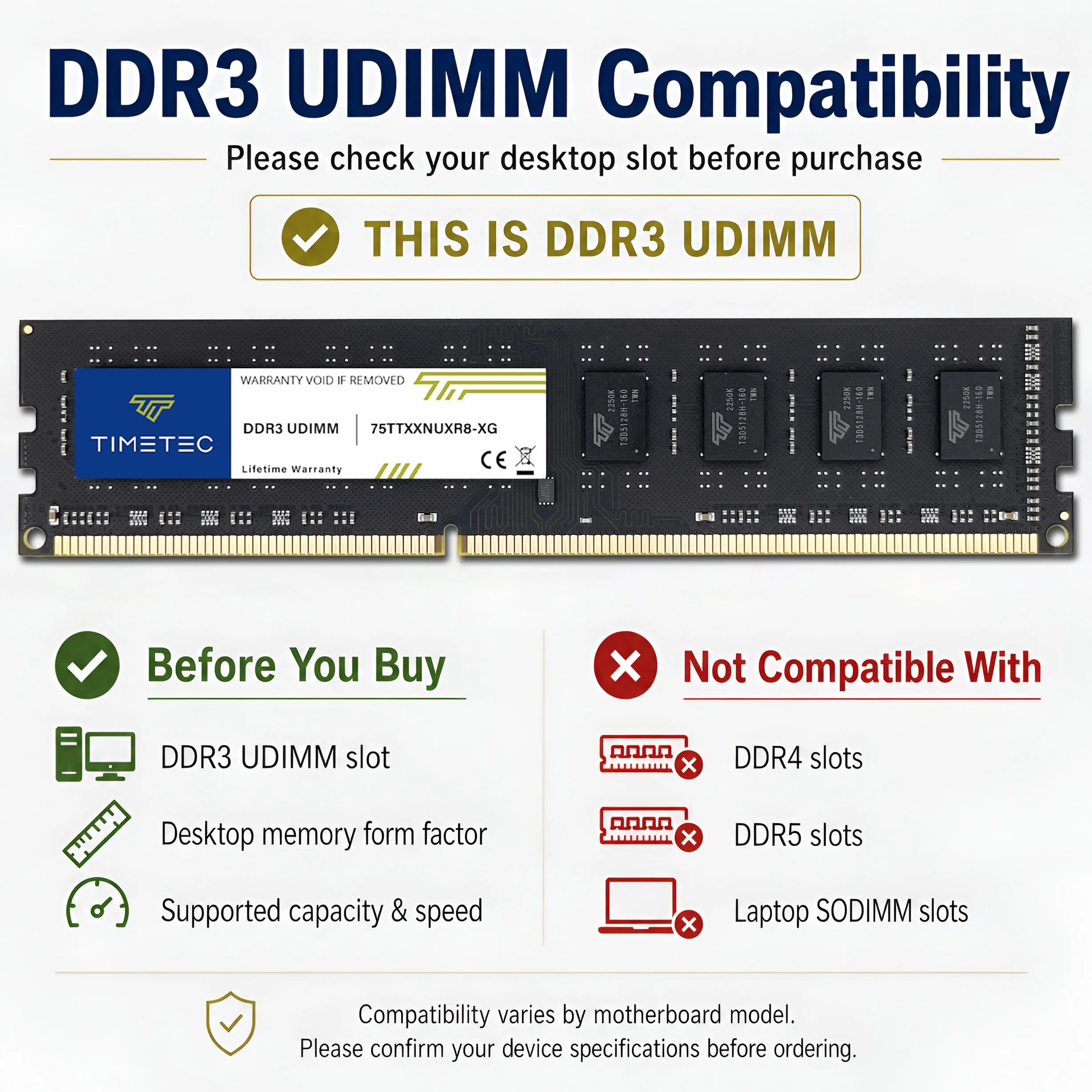 Timetec 8GB DDR3 / DDR3L 1333MHz PC3-10600 Non-ECC Unbuffered 1.5V / 1.35V CL9 2Rx8 Dual Rank 240 Pin UDIMM Memoria RAM Módulo para Actualizacion para PC Computadora de Escritorio